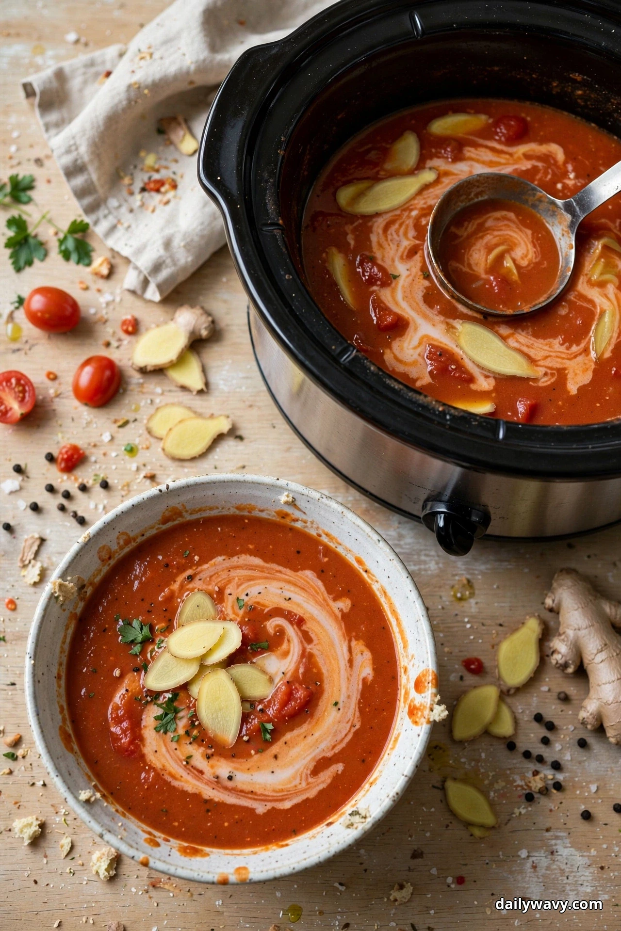 A slow cooker and a bowl of creamy tomato soup with a pale swirl and ginger slices sit on a wooden table with fresh ginger root beside them