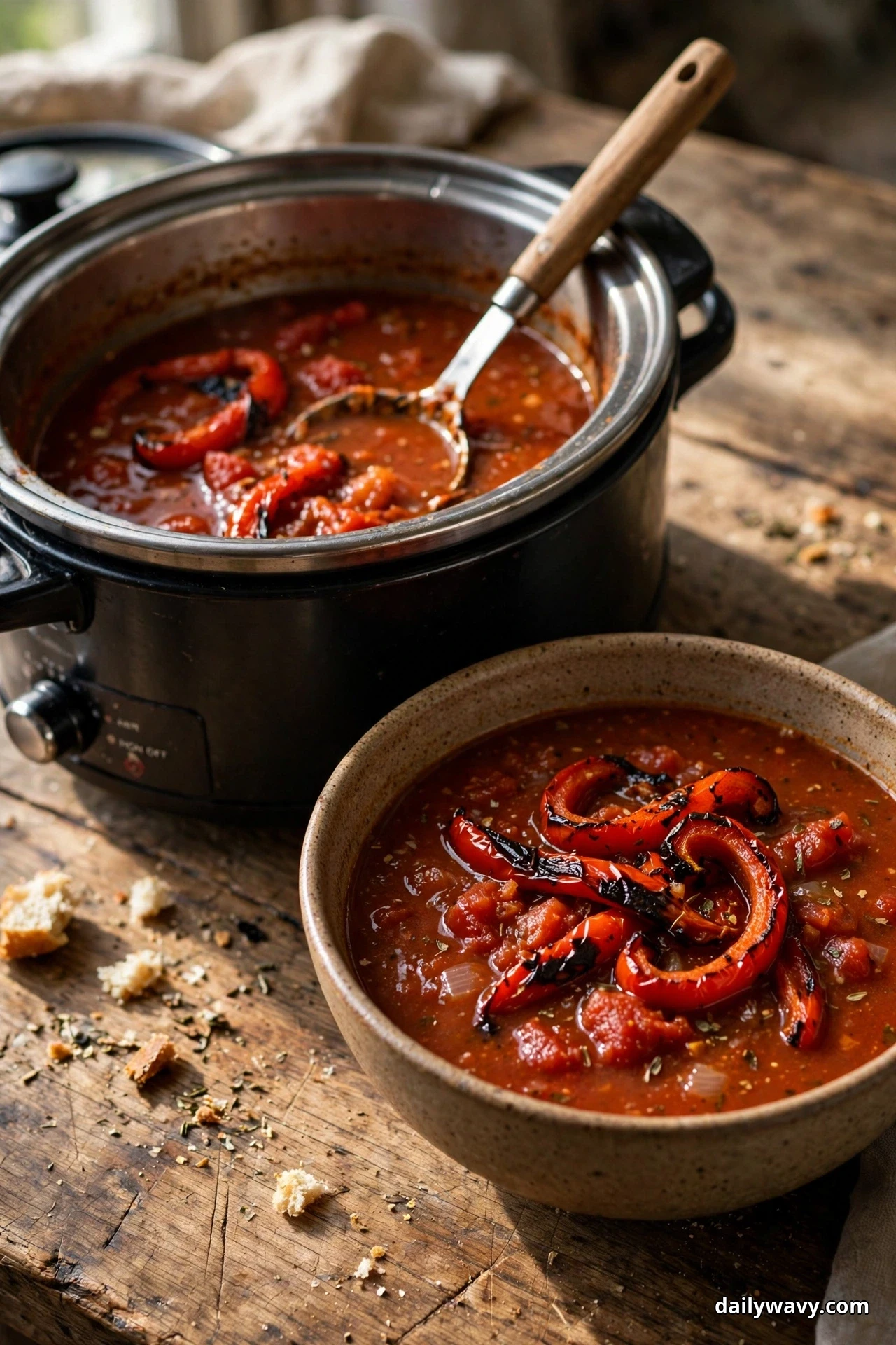 A black slow cooker and a speckled bowl of tomato soup topped with charred roasted red pepper strips sit on a wooden table