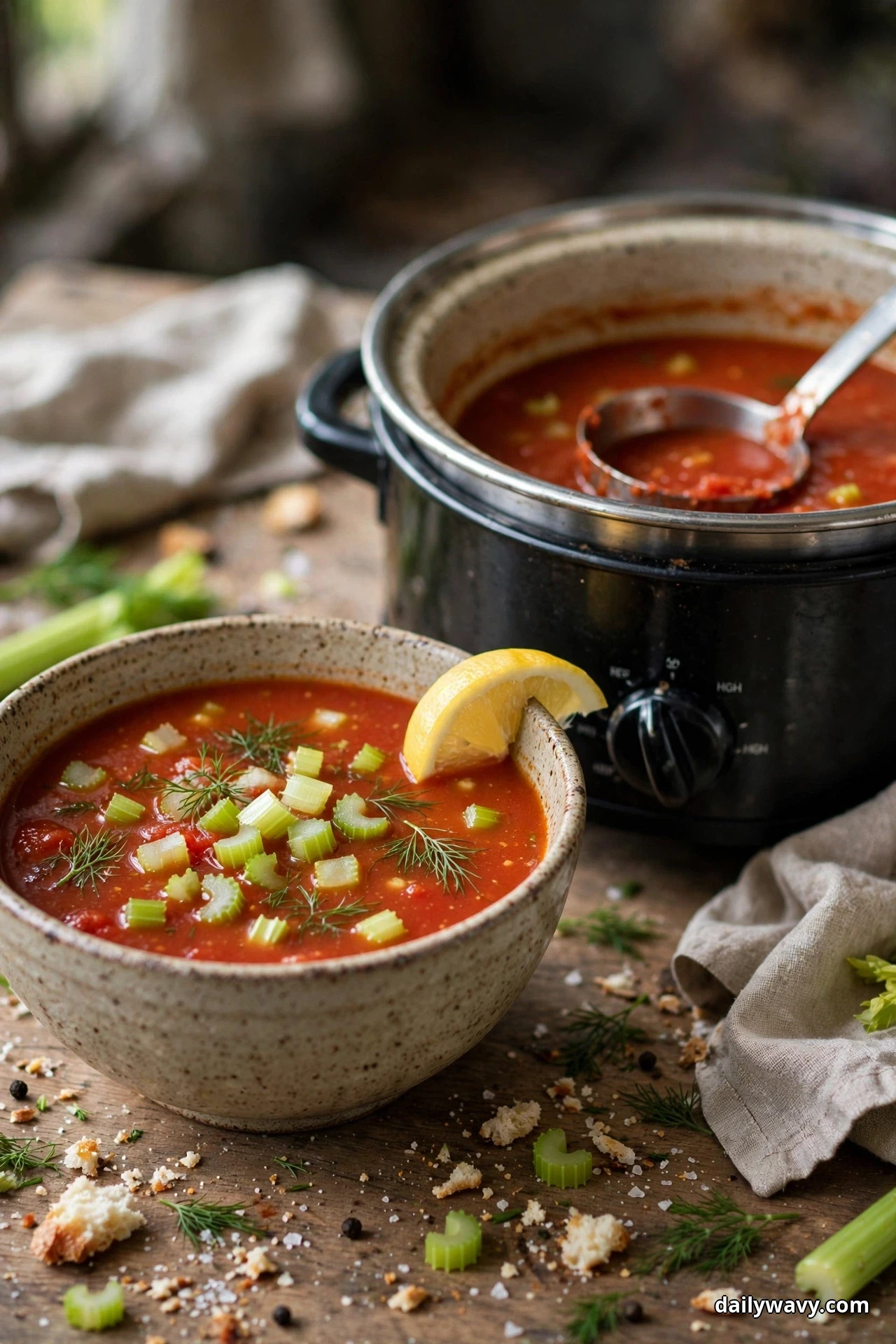 A speckled bowl of tomato soup with diced celery, dill fronds and a lemon wedge on the rim sits on a wooden table in front of a black slow cooker