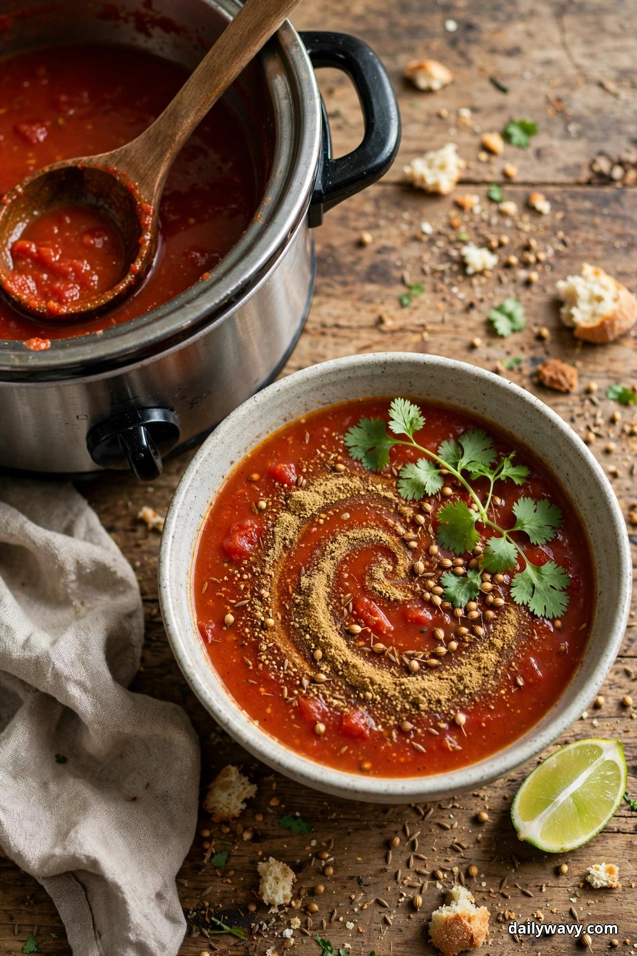 A speckled bowl of tomato soup with a ground-spice swirl, whole coriander seeds and a cilantro sprig sits beside a slow cooker, a lime wedge on the table