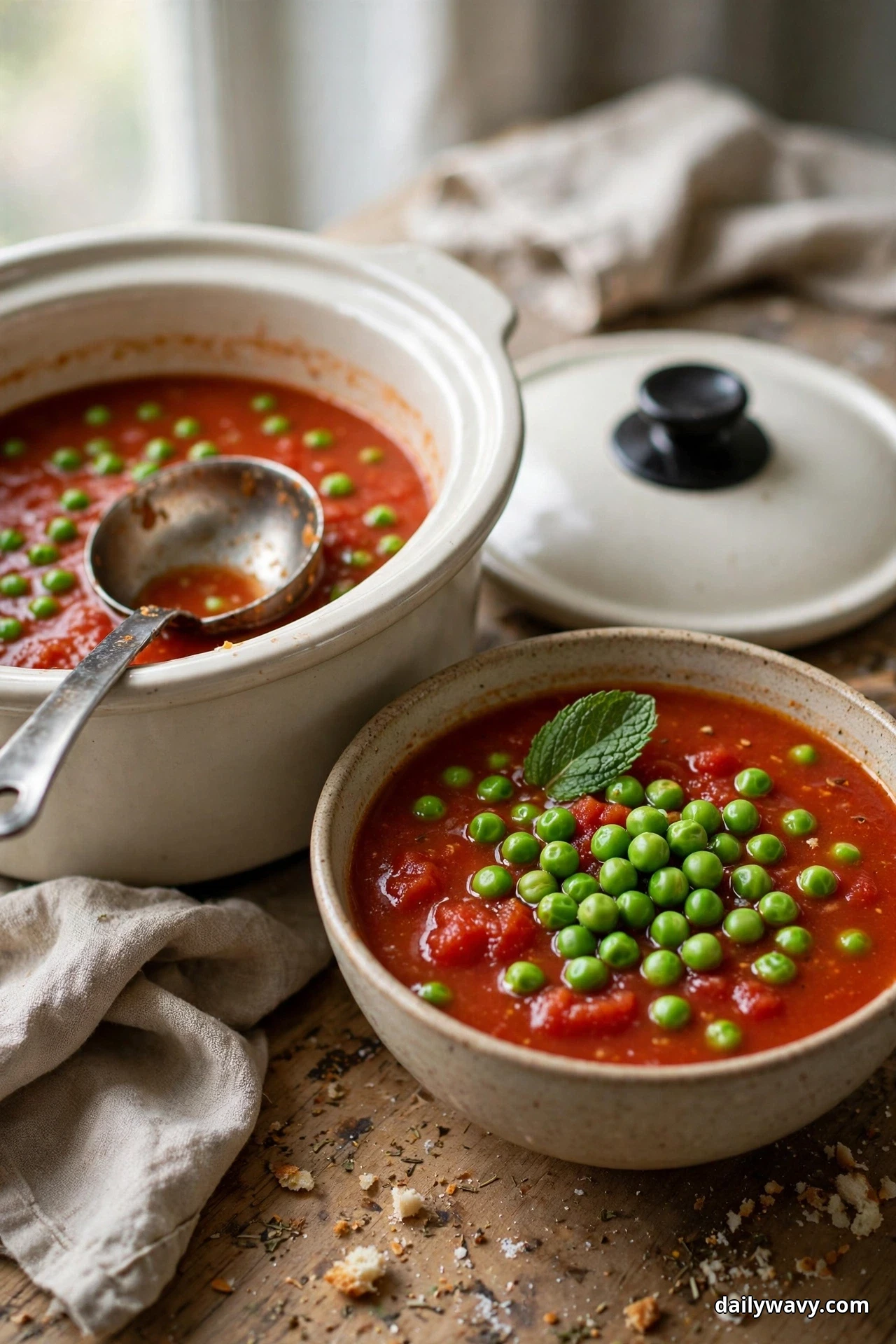 A white slow cooker crock and a speckled bowl of tomato soup covered with bright green peas and a mint leaf sit on a wooden table