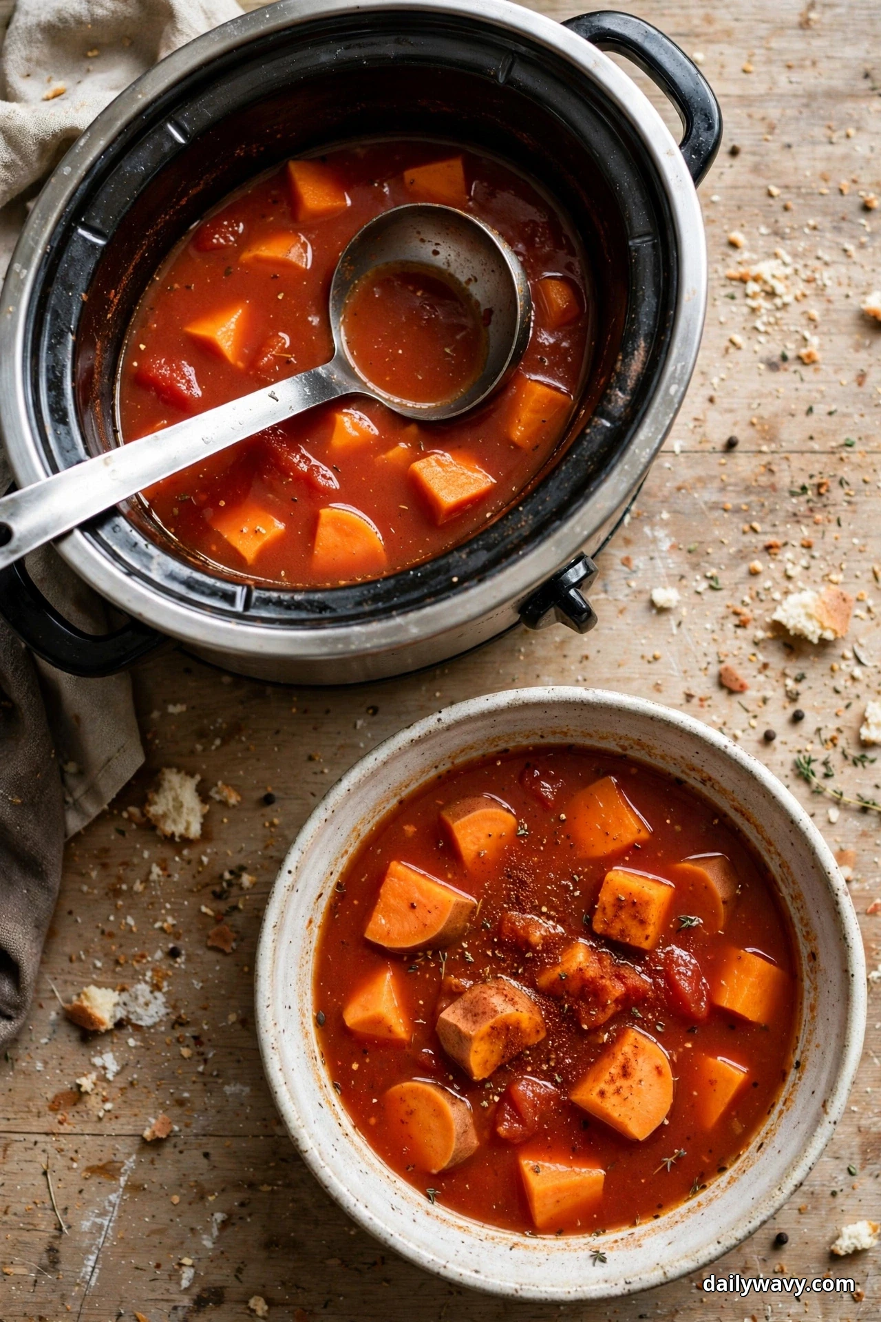 Seen from above, a slow cooker and a bowl of tomato soup with large sweet potato chunks and a dusting of paprika sit on a wooden table