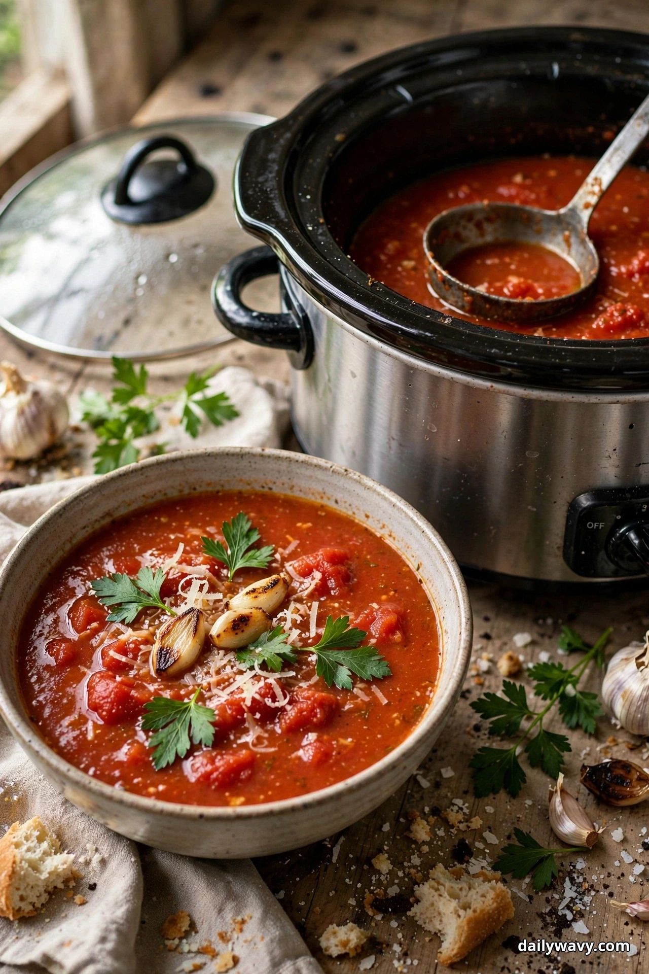 A speckled bowl of chunky tomato soup with roasted garlic cloves, parsley leaves and shaved Parmesan sits in front of a slow cooker, garlic bulbs beside it