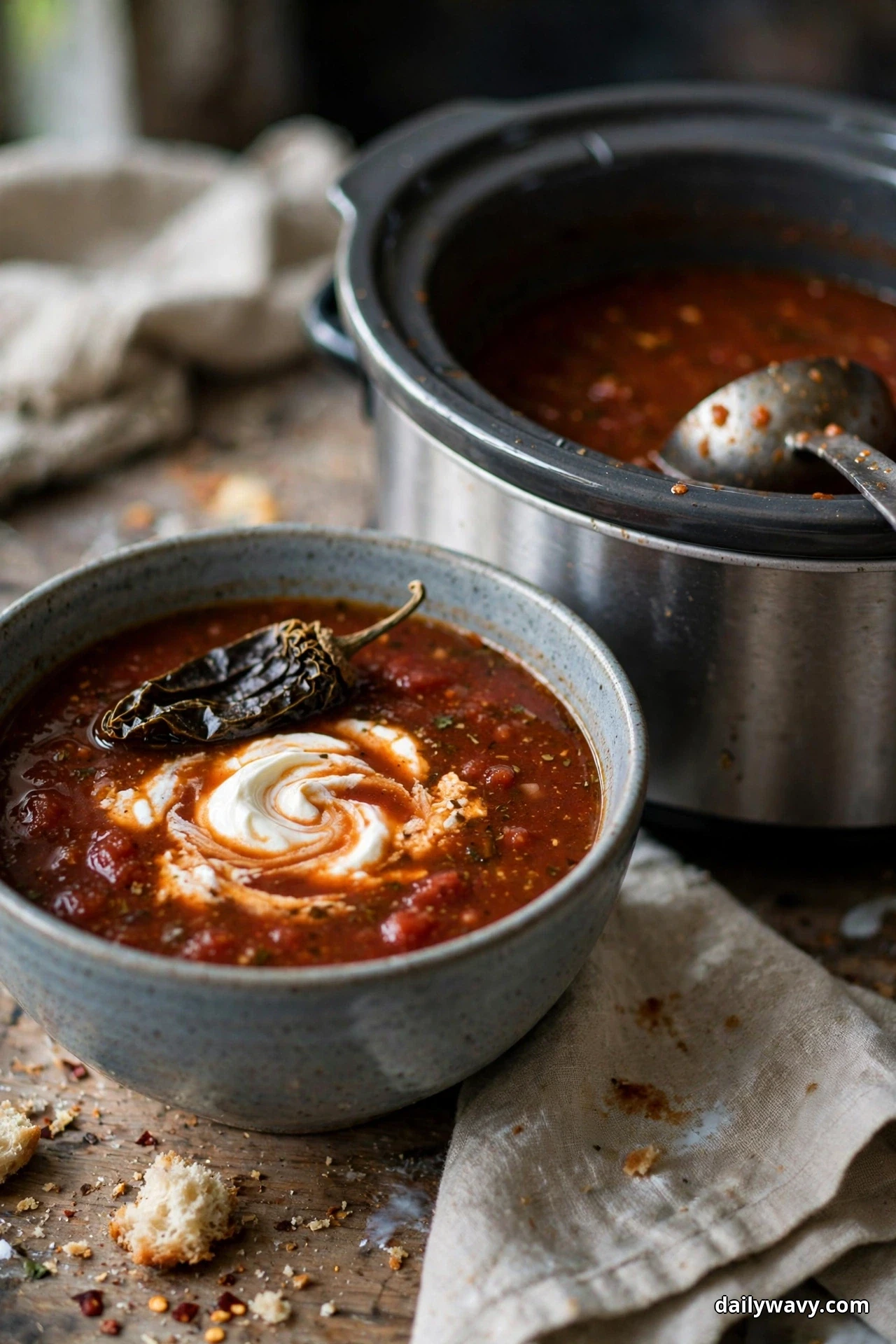 A blue-gray bowl of deep red tomato soup with a sour cream swirl and a whole dried chipotle pepper on top sits on linen in front of a slow cooker