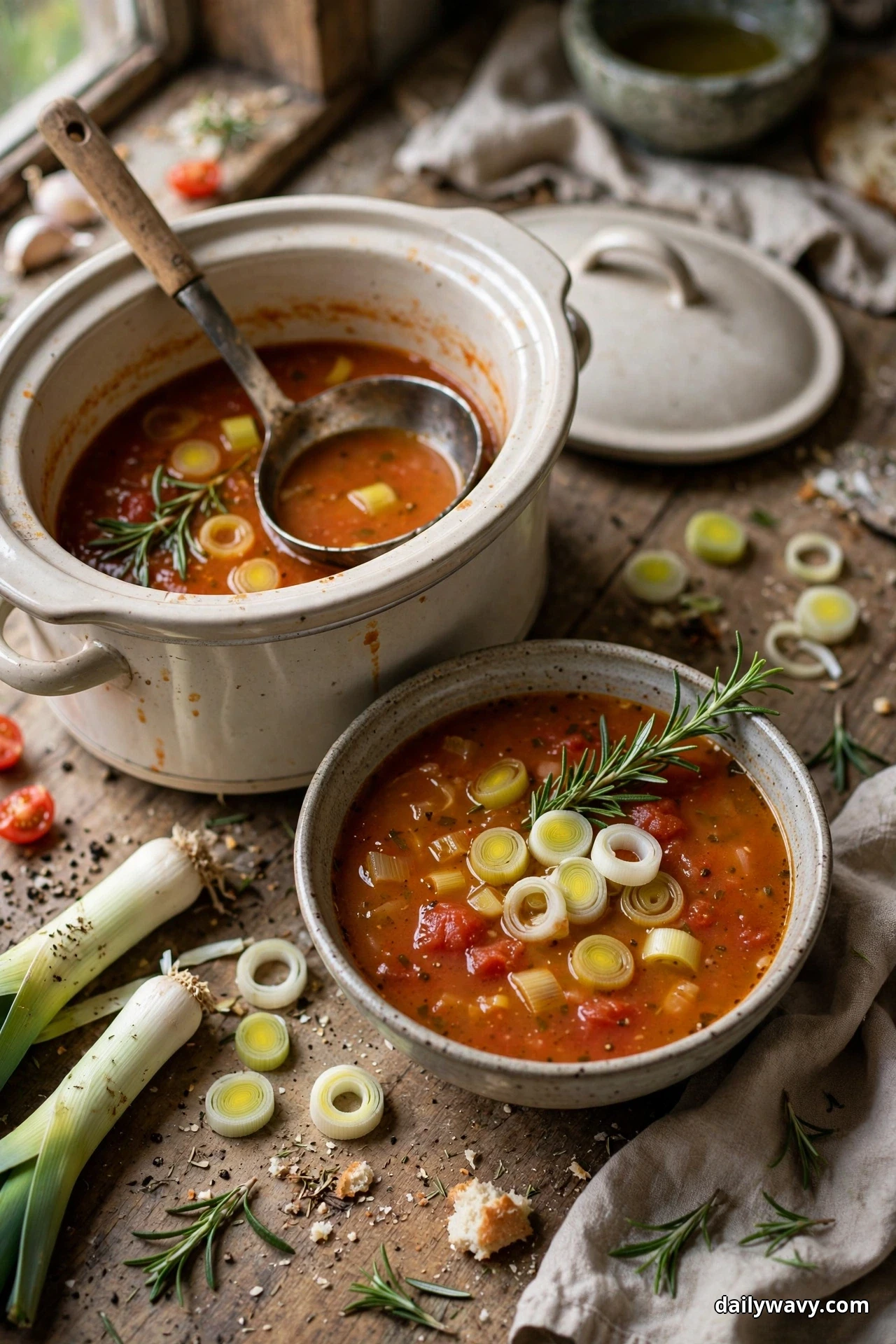 A white slow cooker crock and a speckled bowl of tomato soup topped with leek rings and a rosemary sprig sit on a wooden table with whole leeks beside them