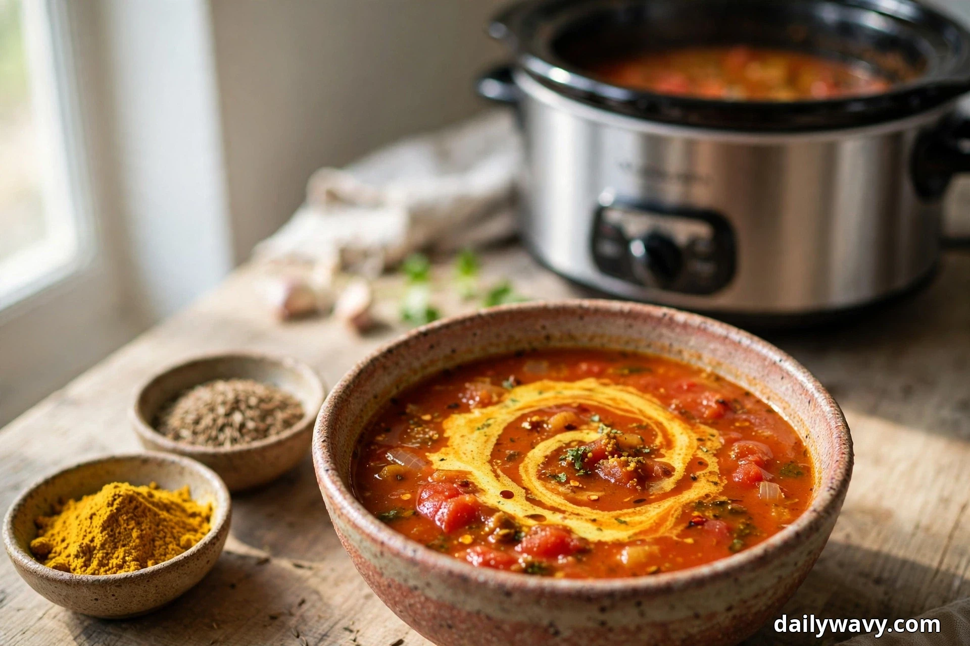 A speckled bowl of chunky tomato soup with a golden swirl sits on a wooden table beside two small bowls of ground spices, with a stainless slow cooker of soup behind it