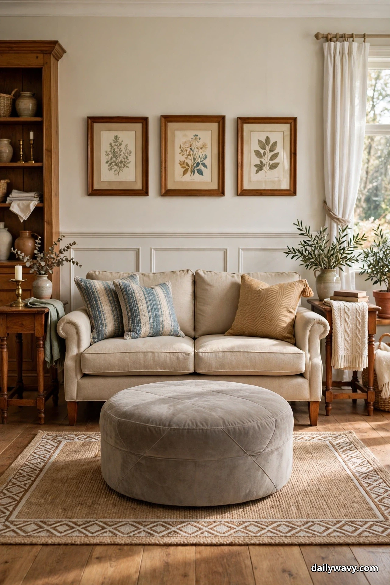 A beige sofa with striped and tan cushions faces a large round gray upholstered ottoman used as a coffee table on a patterned rug, with three framed botanical prints and a wooden bookcase in a traditional living room