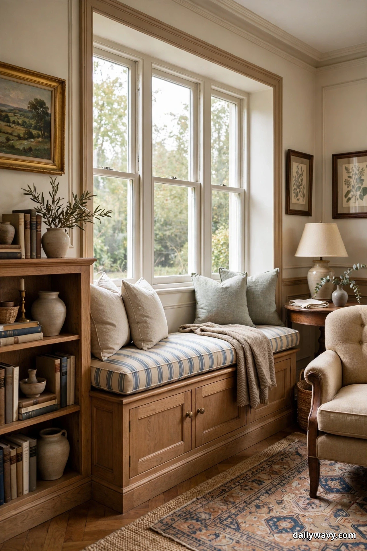 A window seat with a striped cushion and neutral pillows sits in a wood storage base under tall windows, beside a bookshelf and a small table lamp in a traditional living room