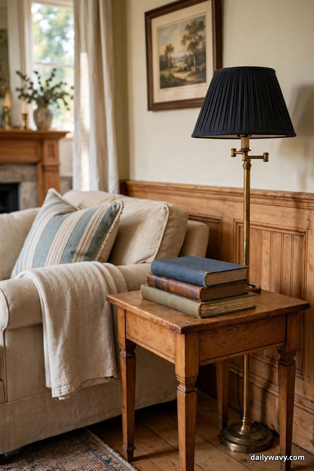 A brass floor lamp with a black pleated shade stands beside a wooden side table stacked with books and a beige armchair with a striped cushion in a traditional living room