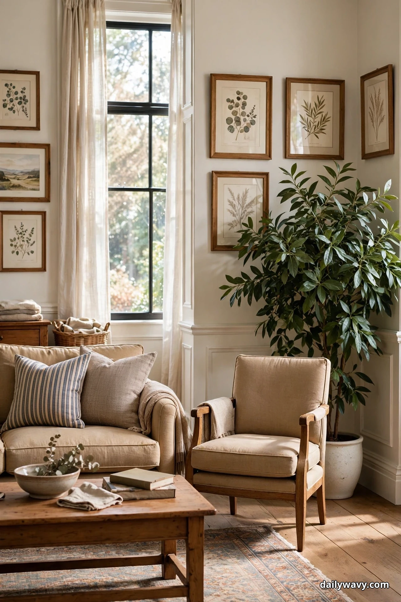 A large leafy potted plant stands in the corner of a traditional living room beside a tall window, next to a beige sofa and armchair with framed botanical prints on the wall