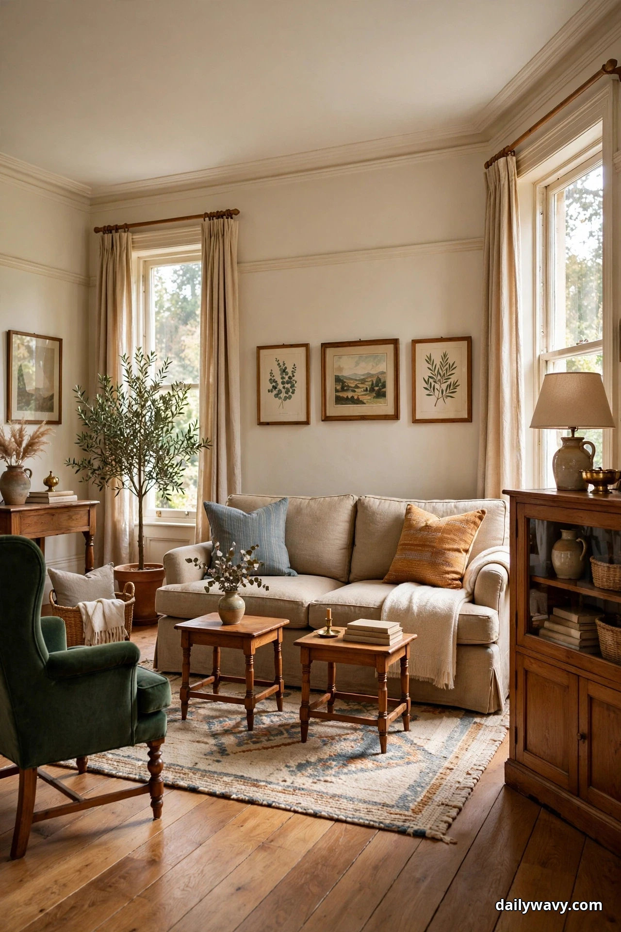 Two small wooden side tables are grouped beside a beige sofa and a green armchair in a traditional living room with potted plants, framed art and sheer curtains