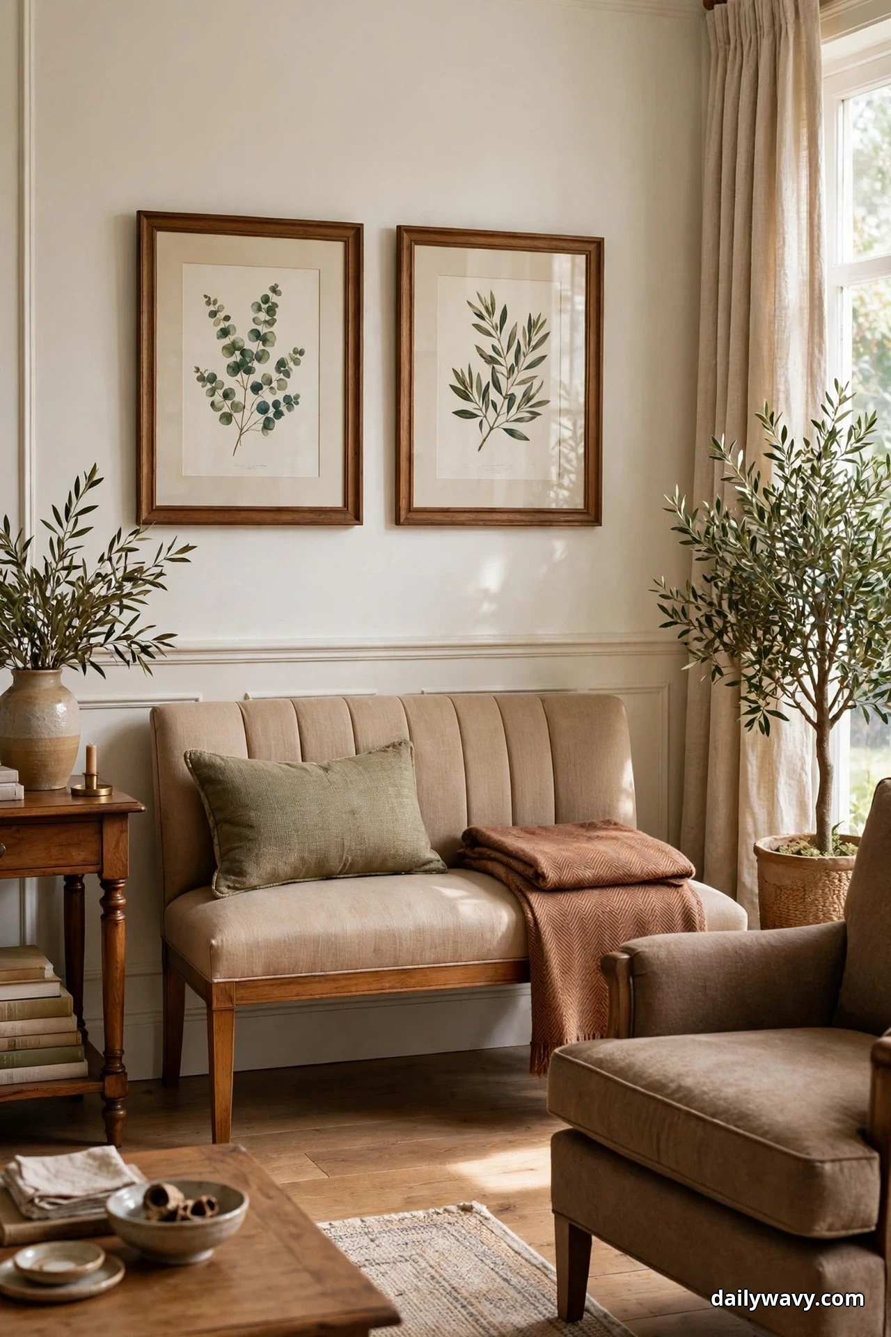 An upholstered bench with an olive cushion and a folded throw sits against the wall beneath two framed botanical prints, beside a wooden bookcase and potted olive trees in a traditional living room