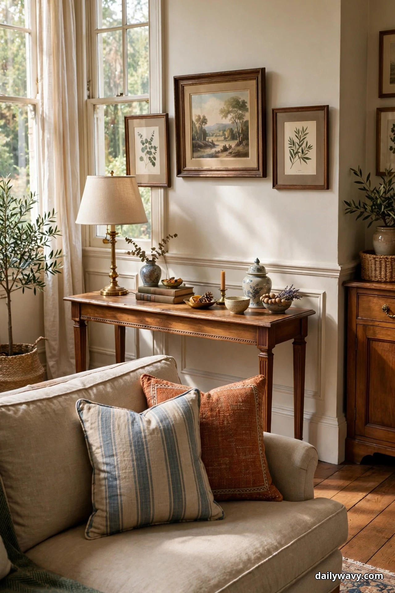 A narrow wooden console table styled with a table lamp, stacked books and a small bowl stands behind a sofa in a traditional living room with framed landscape prints on the wall
