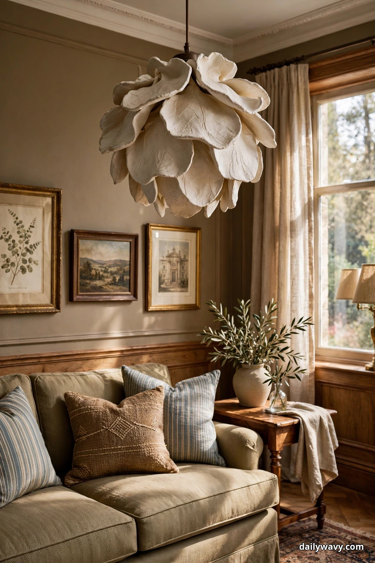 A large sculptural cream petal pendant light hangs over a sofa with striped and patterned cushions in a traditional living room with framed art and a curtained window