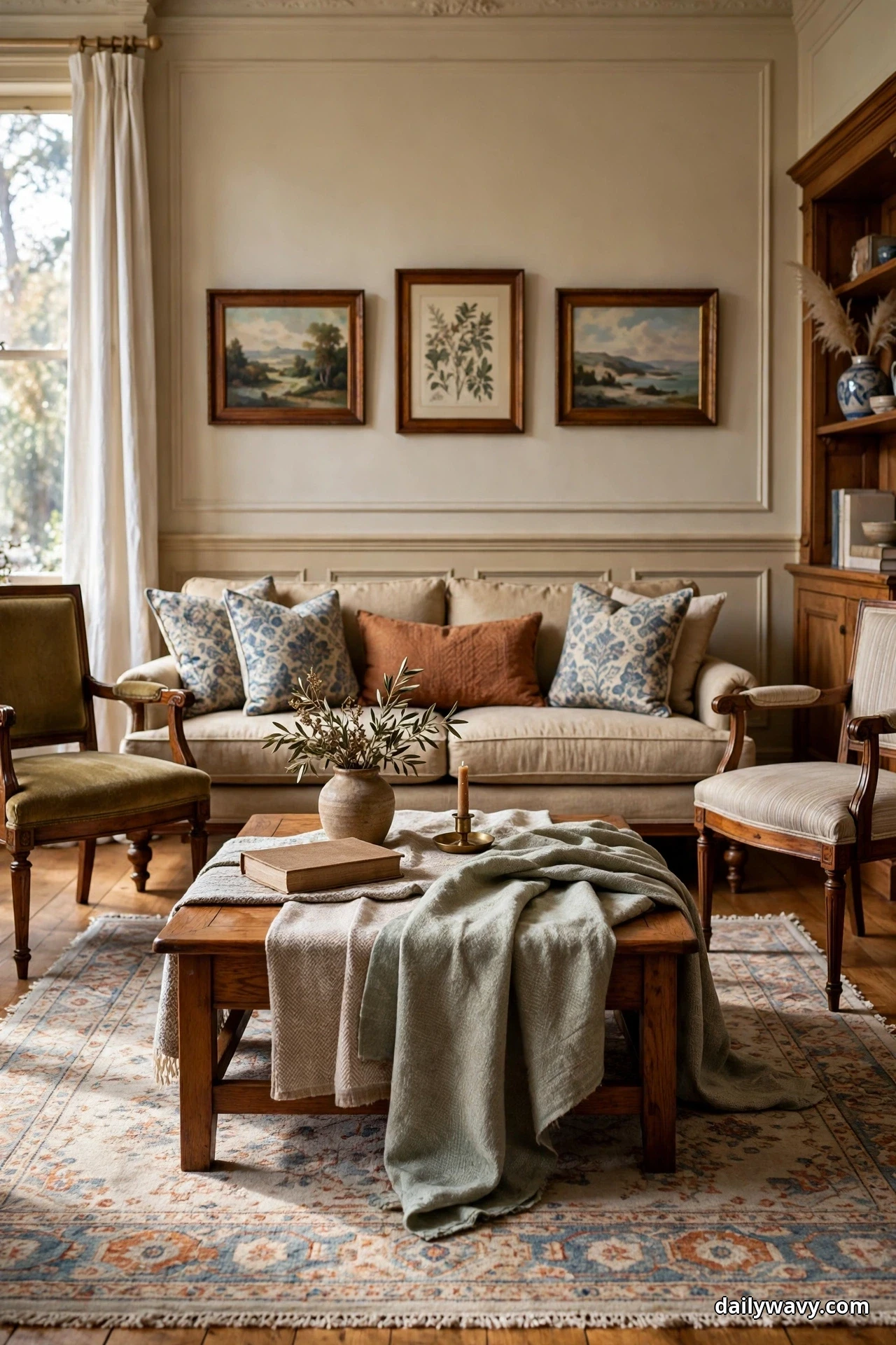 A low wooden coffee table draped with a sage throw and styled with books and a vase sits on a patterned rug in front of a beige sofa with floral cushions in a traditional living room