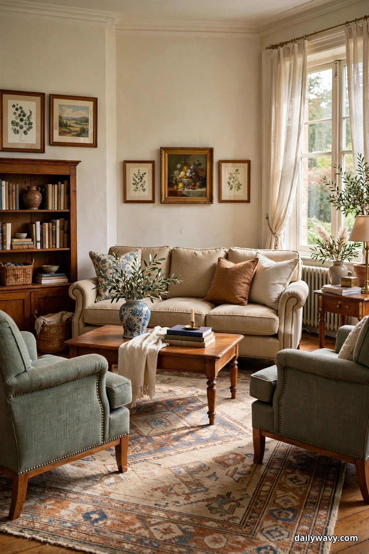 Two green armchairs face a beige sofa across a wooden coffee table on a large patterned wool rug in a traditional living room arranged for conversation