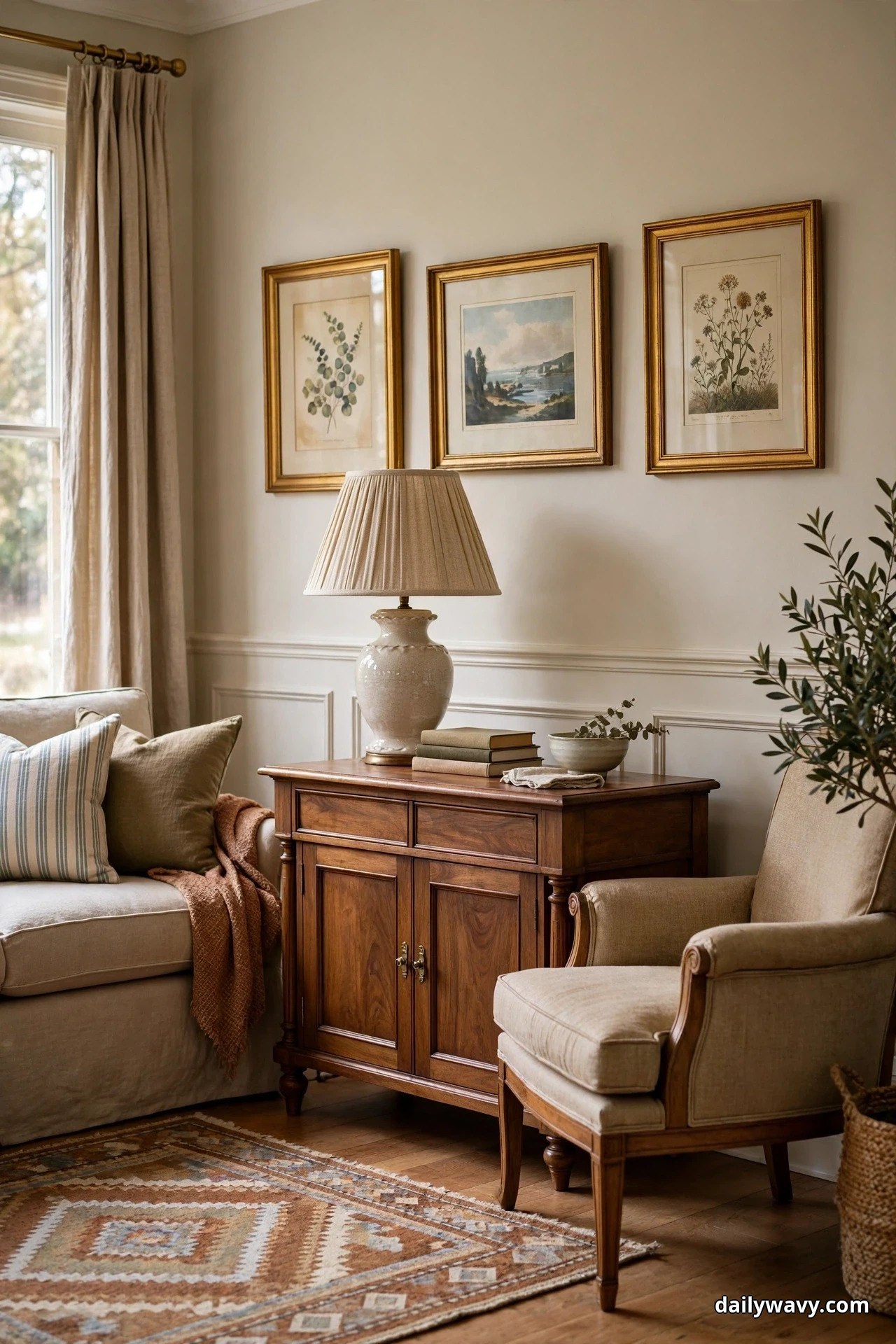 A large ceramic table lamp with a pleated shade sits on a dark wood console beneath three framed botanical prints in a traditional living room with upholstered armchairs