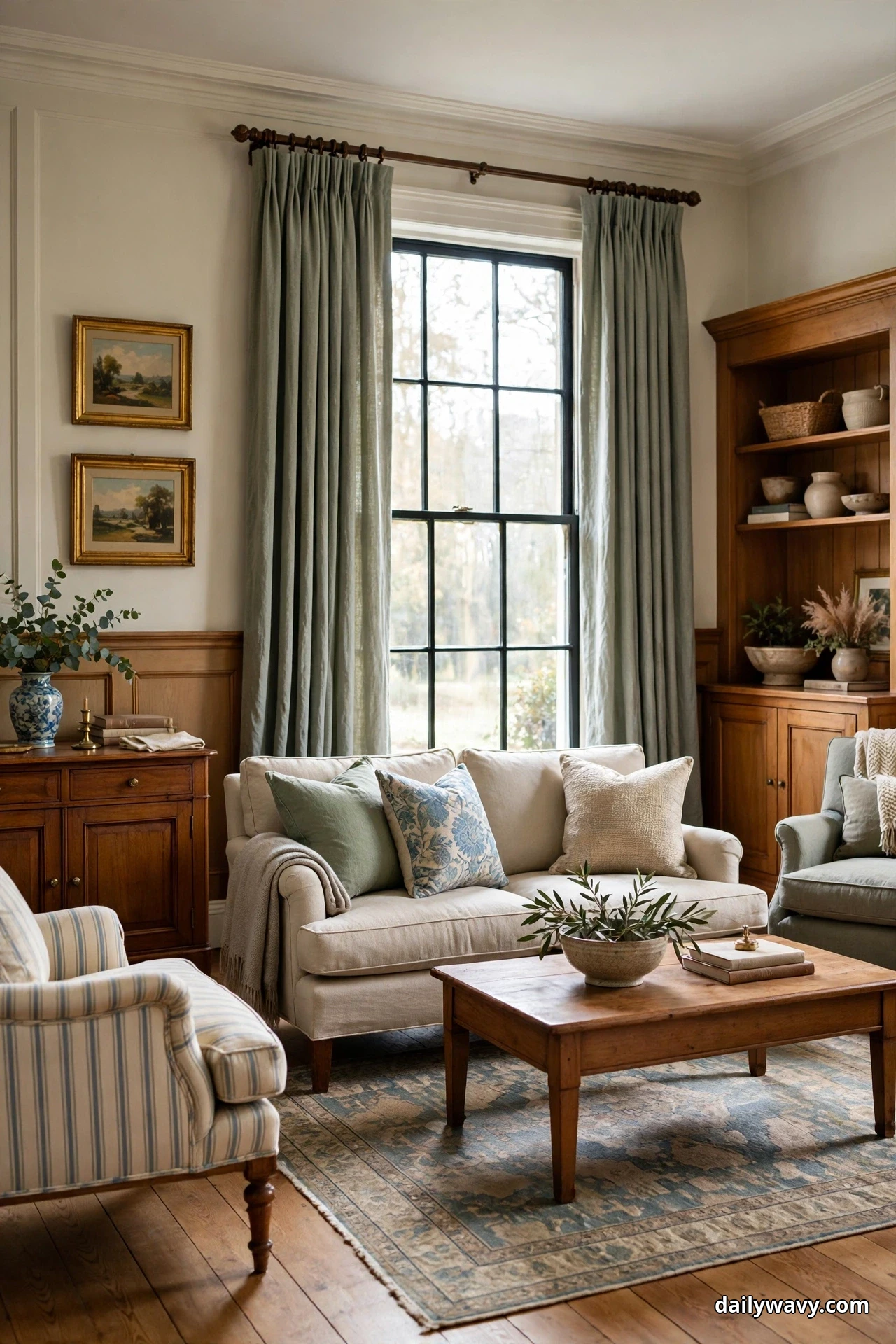 Floor-length sage green curtains frame a tall window in a traditional living room with a cream sofa, a striped armchair and a wooden coffee table