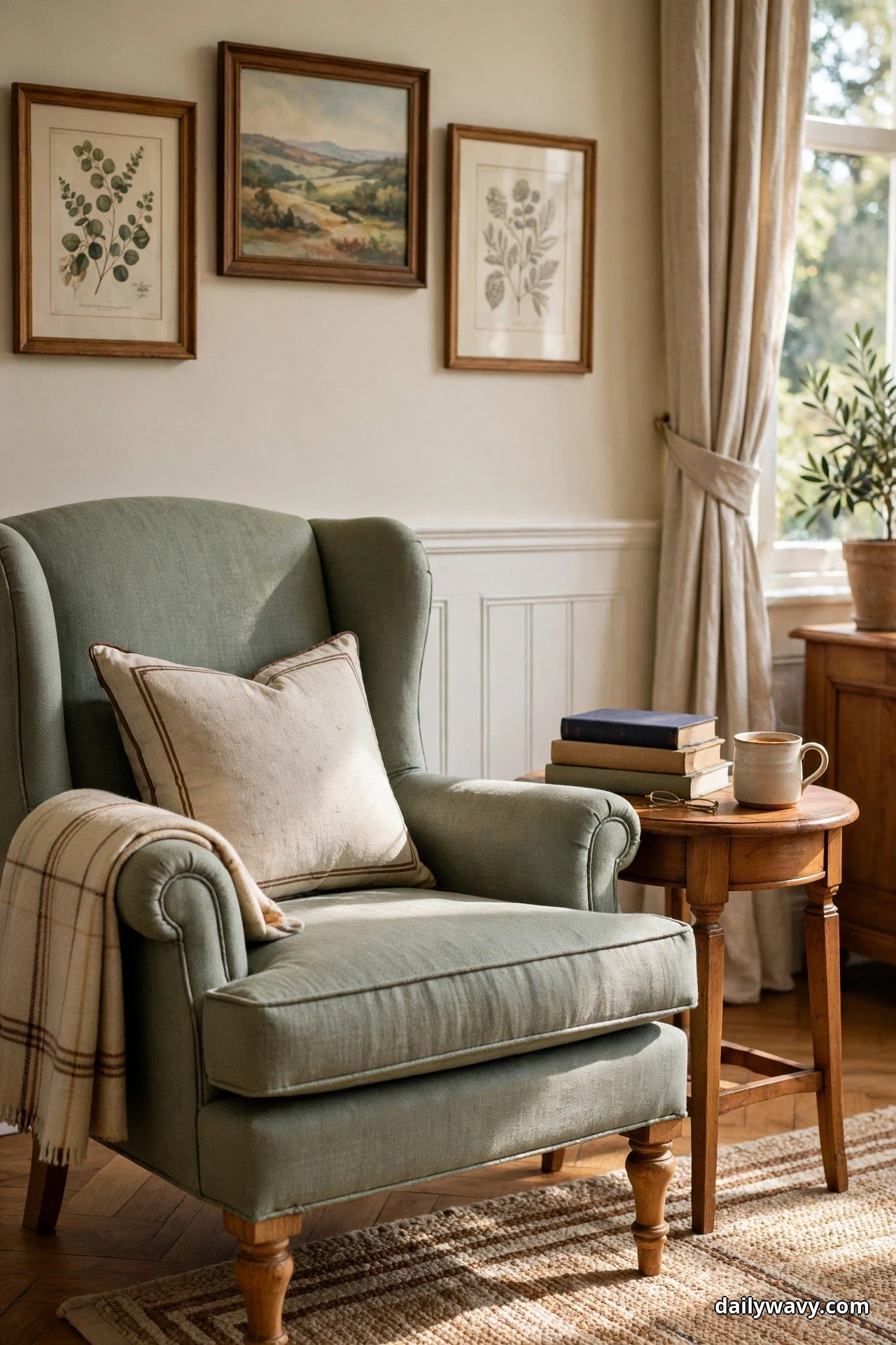 A sage green wingback reading chair with a cream cushion and a plaid throw sits beside a small round wooden side table with stacked books and a mug in a traditional living room