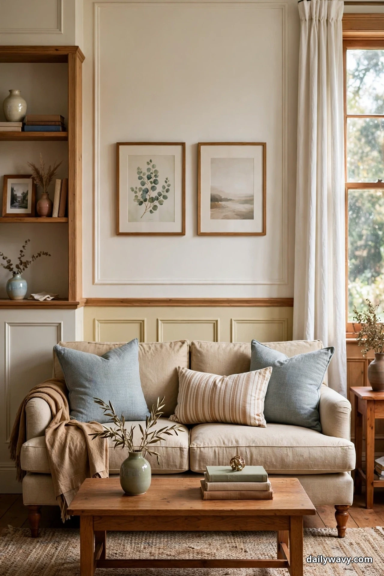 A beige sofa with blue cushions and a wooden coffee table sit beside an open wooden shelving unit styled with ceramics and books in a traditional living room