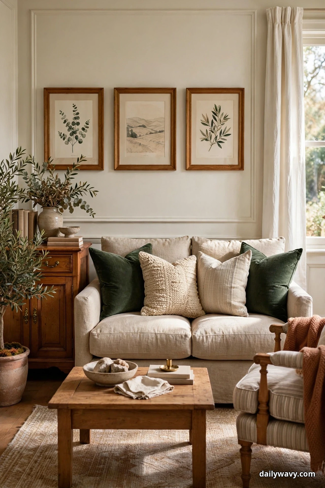 A compact cream sofa holds five textured cushions in dark green velvet and nubby cream weaves in a traditional living room with a wooden coffee table and a potted olive tree