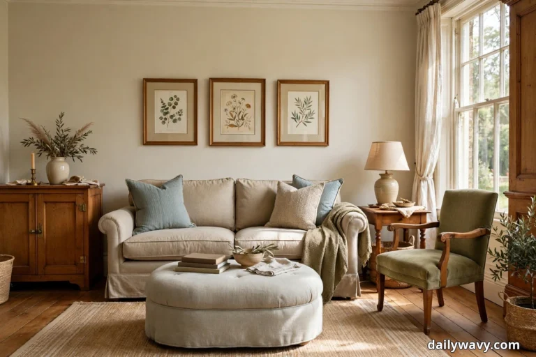 A traditional living room shows a cream sofa with blue cushions facing a round upholstered ottoman used as a coffee table, with three framed botanical prints on the wall and warm wood cabinets