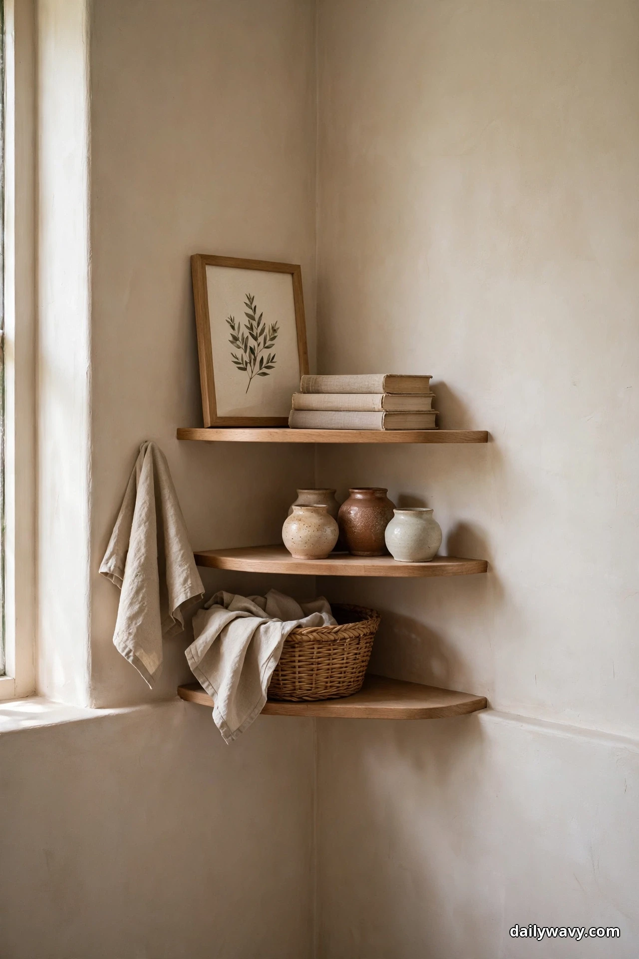 Three oak corner shelves in a cream corner beside a window hold a framed botanical leaf print and stacked books on the top shelf, four small ceramic pots in cream and brown tones on the middle shelf and a woven basket with draped linen on the bottom shelf, with a linen cloth hanging at the left