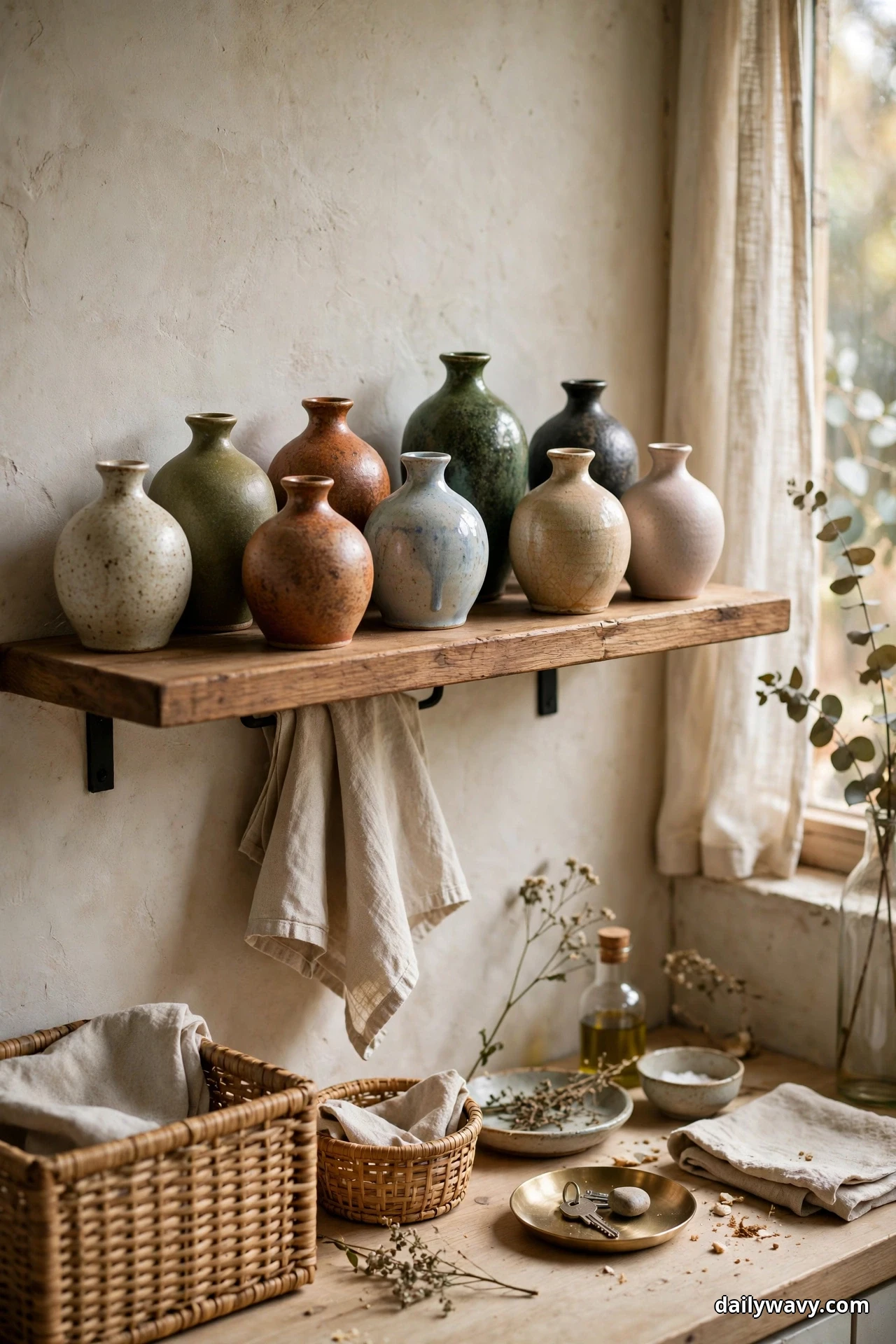 Nine small ceramic vases in the same rounded silhouette stand in two rows on a rustic wood wall shelf, their glazes ranging from speckled cream and olive to rust, blue gray, deep green, black and blush, above a counter with woven baskets and a brass key dish