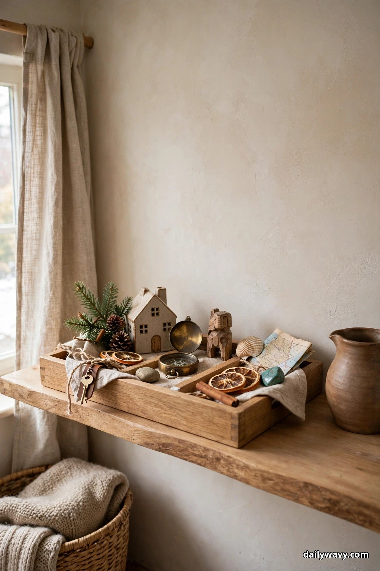 A wooden tray on a live edge wood counter holds travel keepsakes styled for winter, including a ceramic miniature house, an open brass compass, a carved wooden elephant, a scallop shell, a folded map, dried orange slices, a cinnamon stick and pinecones, with a brown stoneware pitcher beside the tray