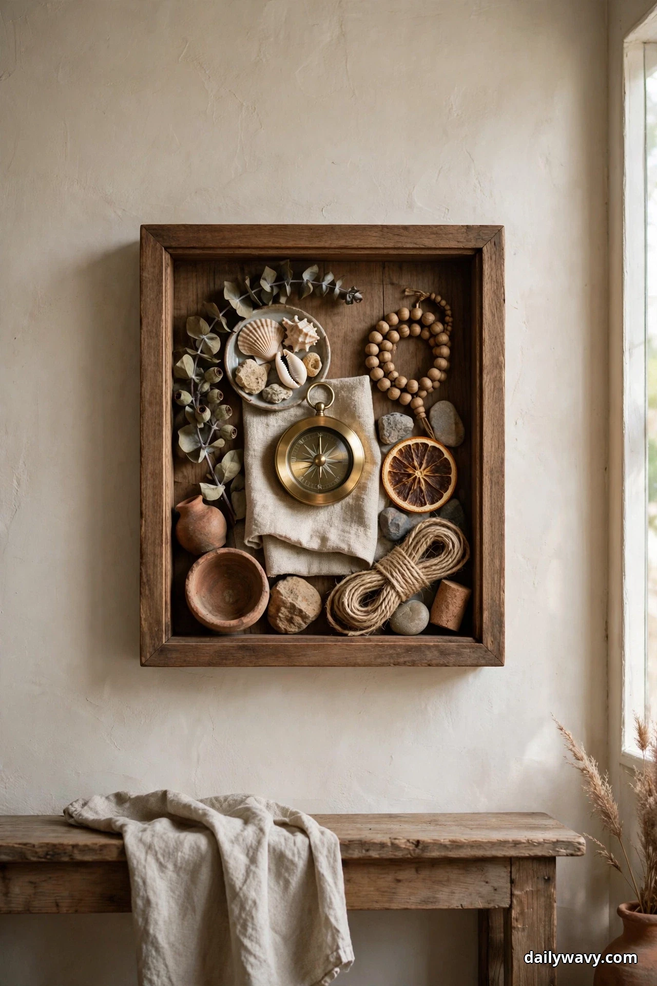 A deep wooden shadow box frame hangs on a cream wall above a rustic bench and holds a brass compass resting on folded linen, a small dish of seashells, a strand of wooden beads, a dried orange slice, a coil of twine and small terracotta pots
