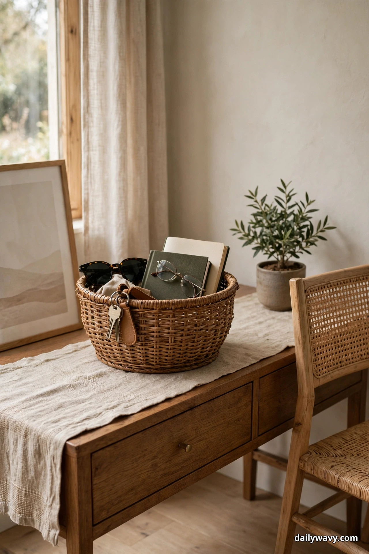 A woven rattan basket on a linen runner over a wood console desk holds notebooks, sunglasses, eyeglasses and a leather key fob with keys, beside a framed landscape print leaning by the window and a small potted olive plant, with a cane back chair in front