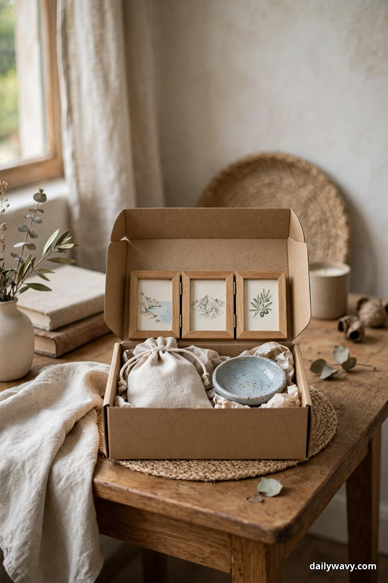 An open kraft gift box on a rustic wood table holds a linen drawstring pouch and a small speckled blue ceramic dish nestled in tissue paper, with a hinged triptych of three small wood framed prints of a coastline, mountains and an olive branch standing in the lid