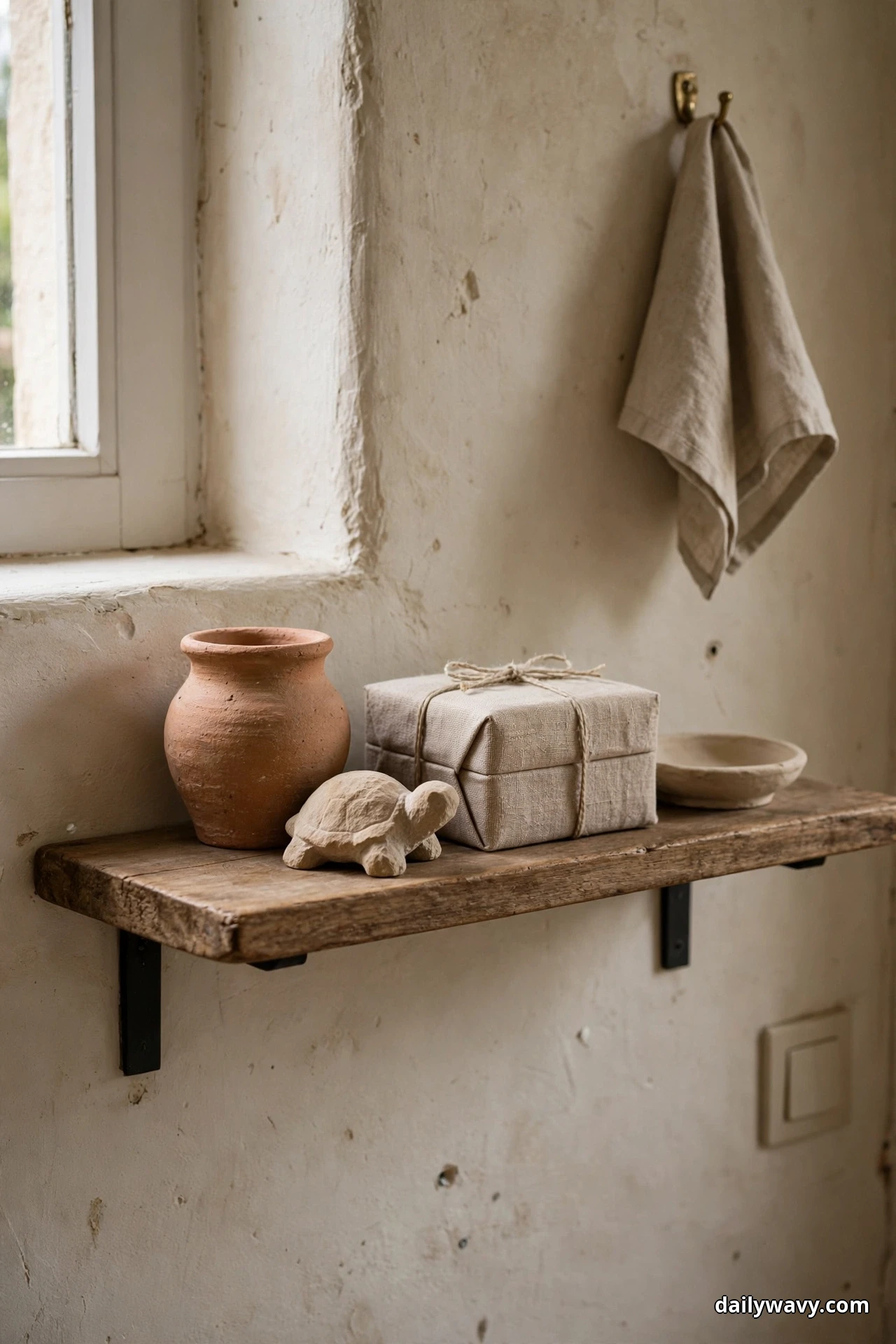 A rustic wood wall shelf beneath a window holds a terracotta pot, a small carved stone turtle, a linen wrapped box tied with twine and a shallow cream bowl in one warm clay and sand tonal family, with a linen towel hanging on a brass hook above