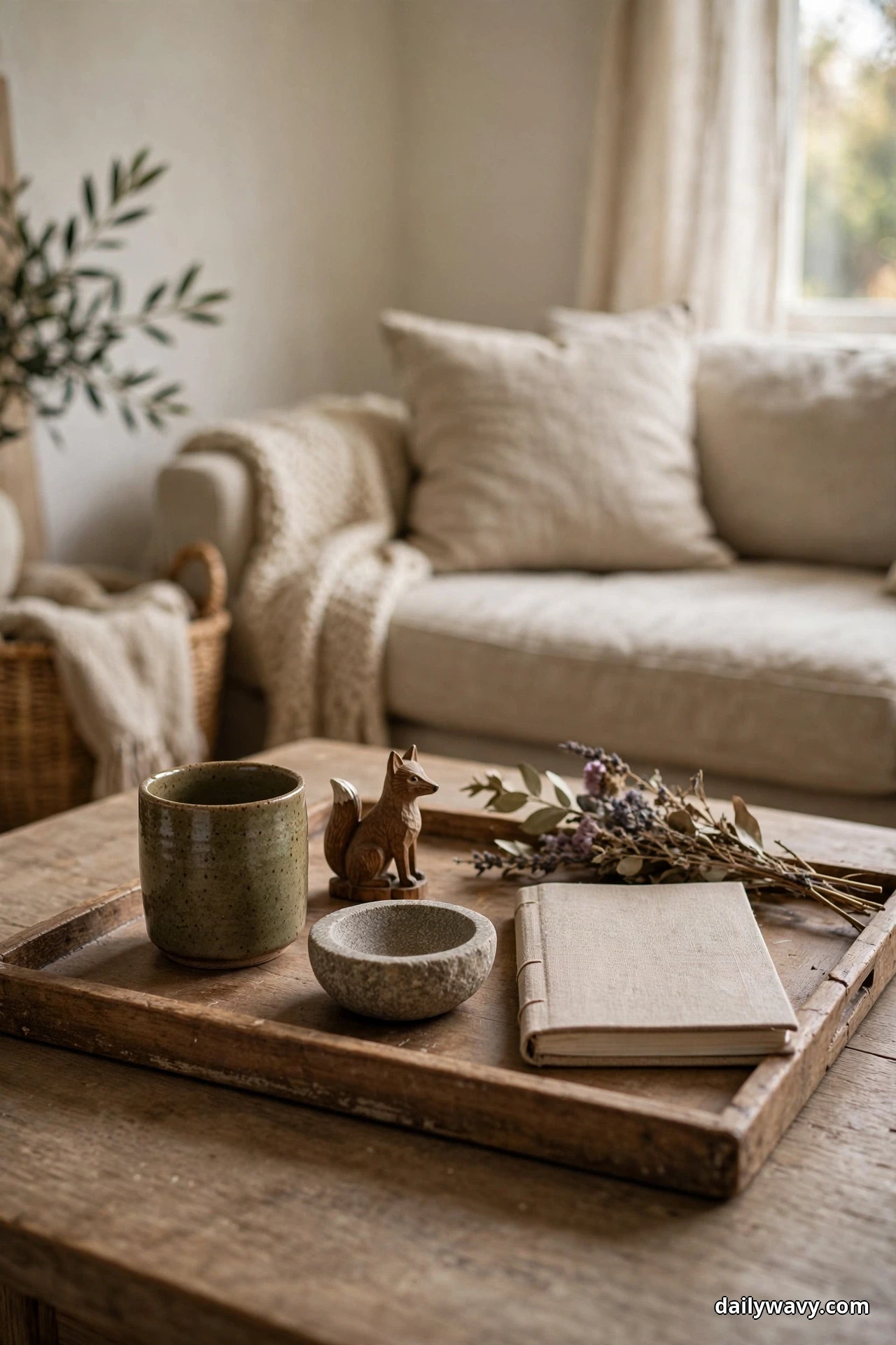 A low wooden tray on a rustic coffee table in front of a cream sofa holds a speckled green ceramic cup, a small carved wooden fox, a round stone bowl, a linen bound notebook and a sprig of dried lavender