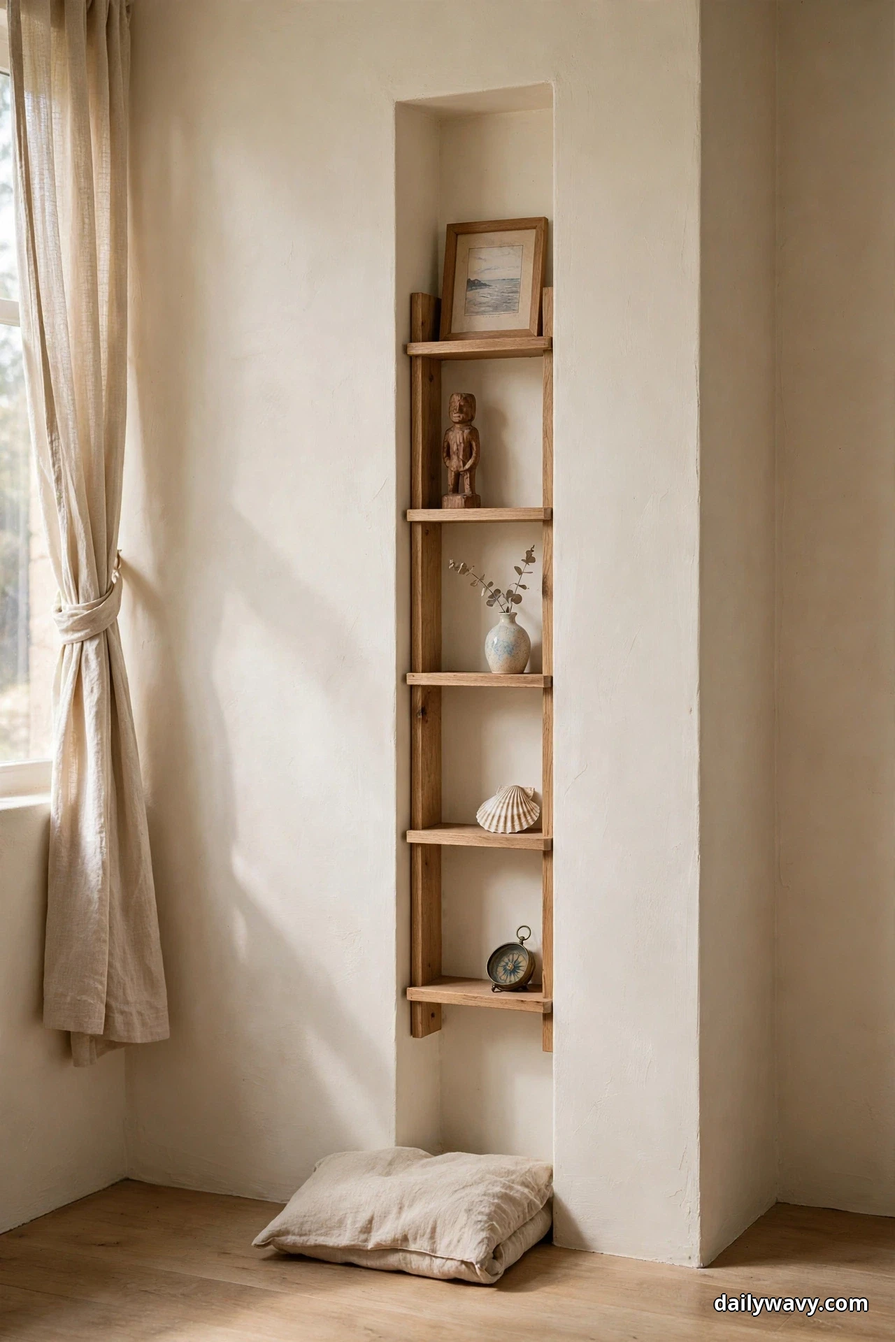 A tall narrow wooden ladder shelf stands in a slim wall niche beside a knotted linen curtain and holds one souvenir per level, a framed seascape print, a small carved wooden figure, a speckled vase with a eucalyptus sprig, a large scallop shell and a brass compass, with a linen floor cushion below