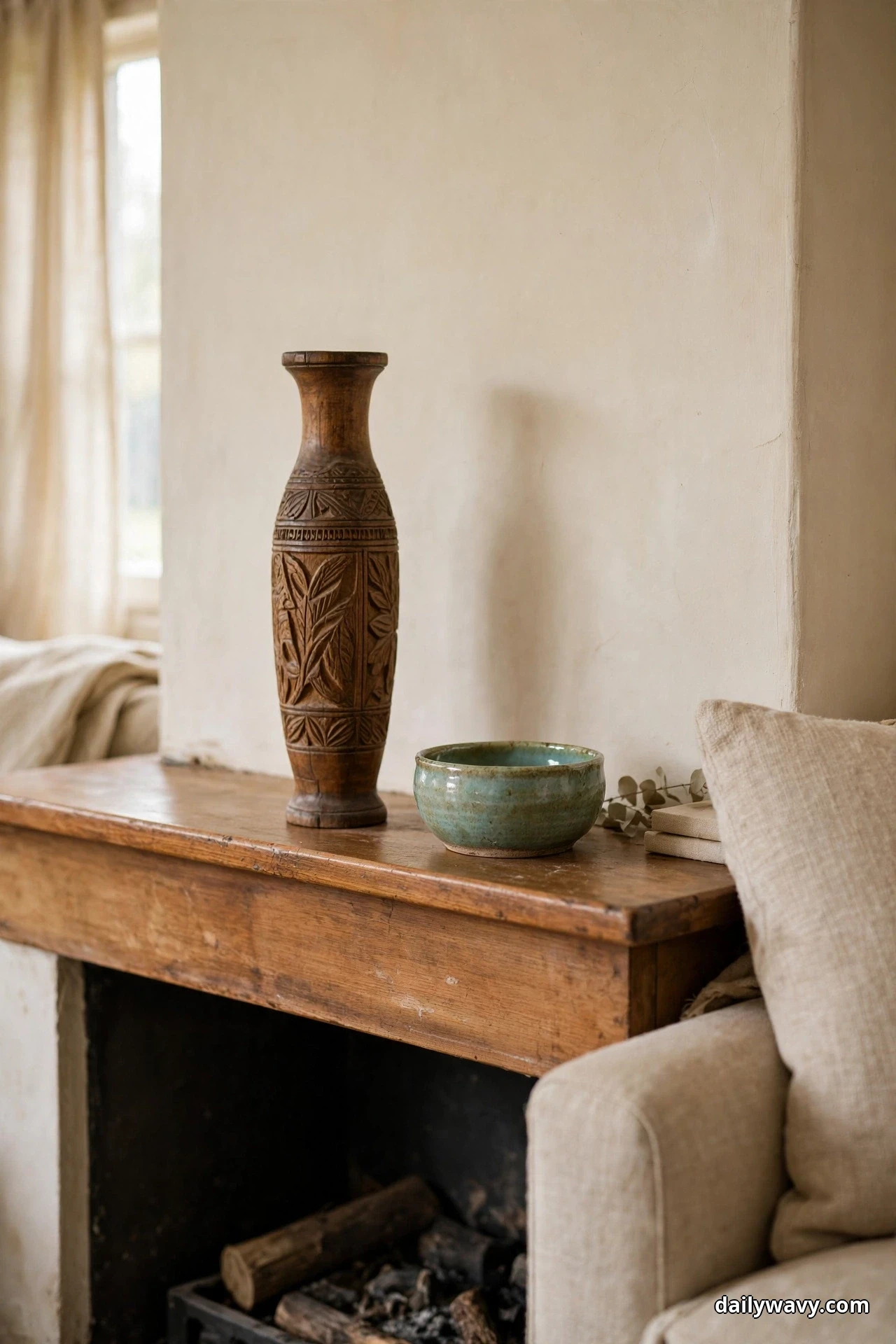 A tall carved wooden vase with leaf patterns stands beside a low green glazed ceramic bowl on a rustic wood fireplace mantel, the two pieces at clearly different heights, with a cream armchair at the right and firewood in the firebox below