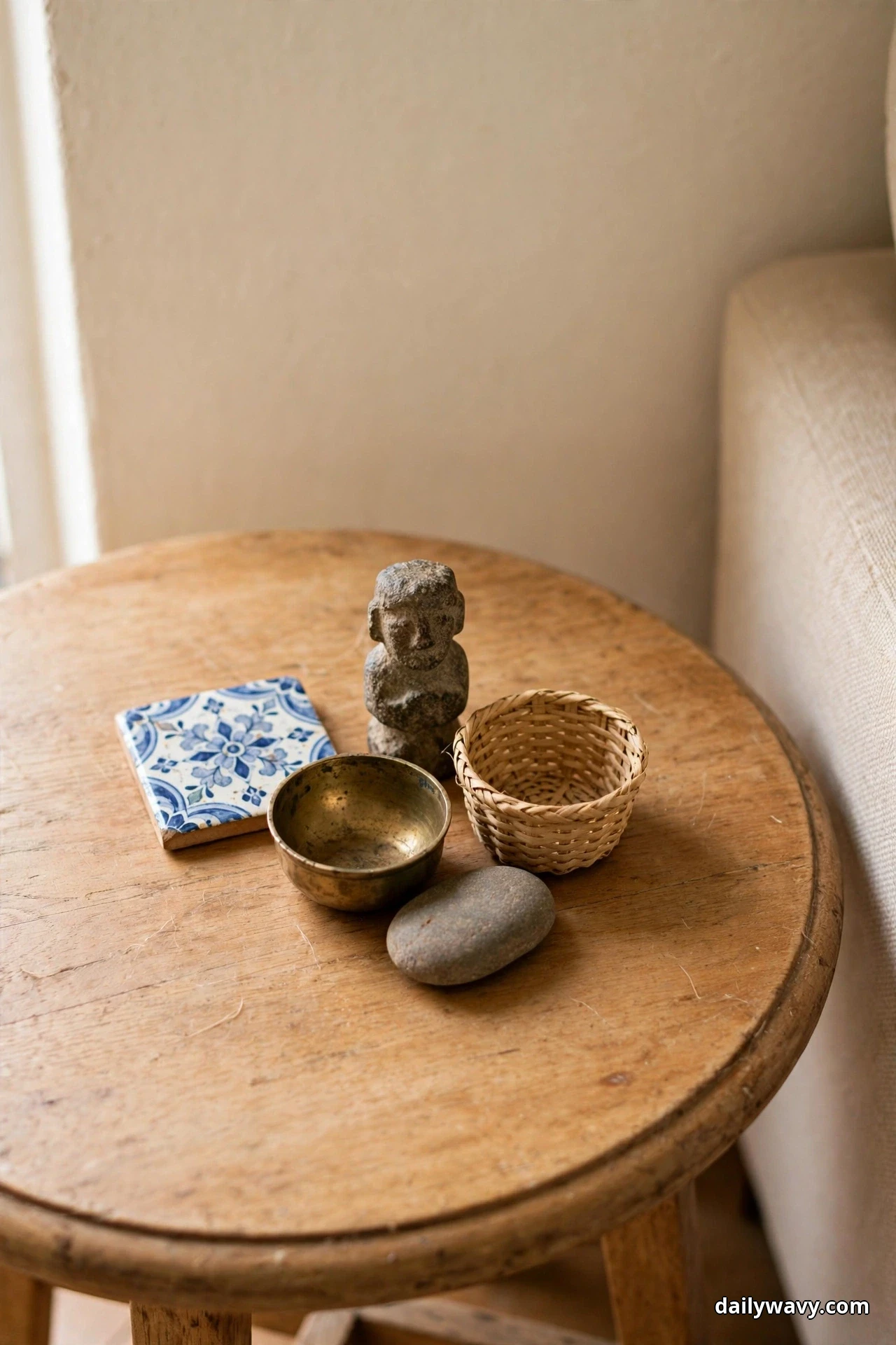Five small souvenirs cluster tightly at the center of a round rustic wood side table, a blue and white floral tile, a small weathered stone figure, a tarnished brass bowl, a tiny woven basket and a smooth gray pebble, with the rest of the tabletop left clear