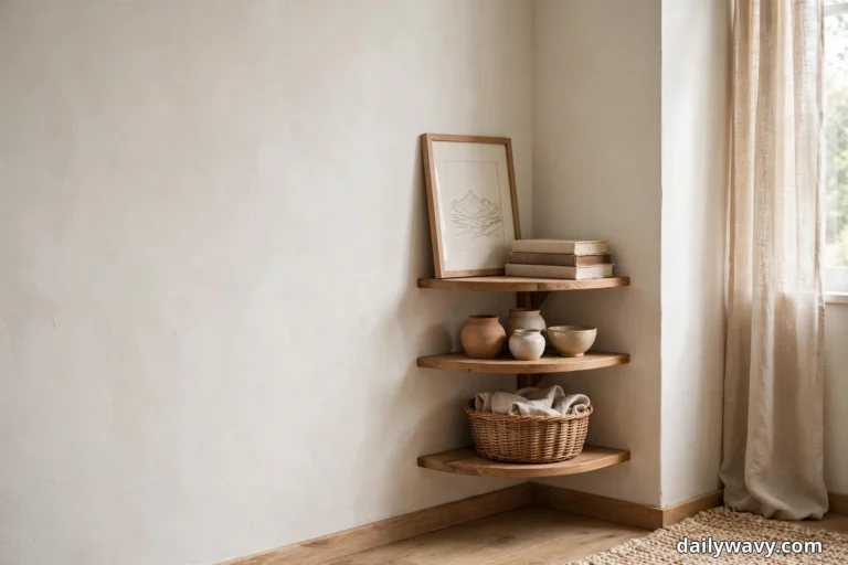 A wide view shows three oak corner shelves mounted in a cream plaster corner beside a sheer linen curtain, with a framed mountain line drawing and stacked books on the top shelf, small ceramic pots and a bowl on the middle shelf and a woven basket of folded linen on the bottom shelf