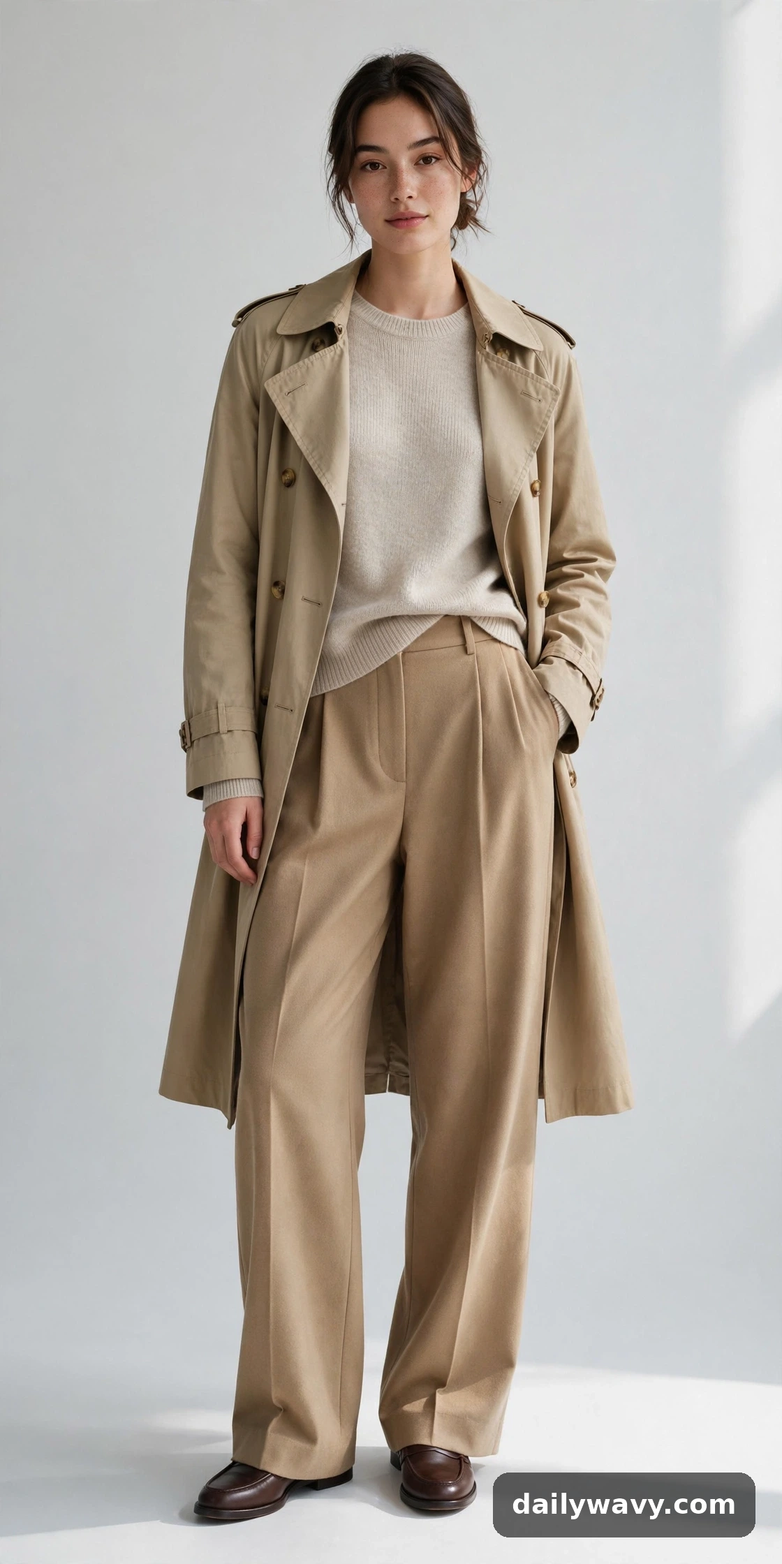 Oatmeal fine knit, camel wide trousers and loafers styled with a trench coat