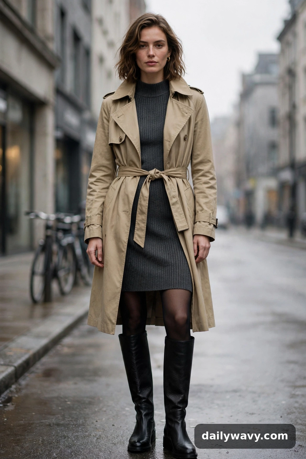 Gray sweater dress and tall black boots styled with a trench coat