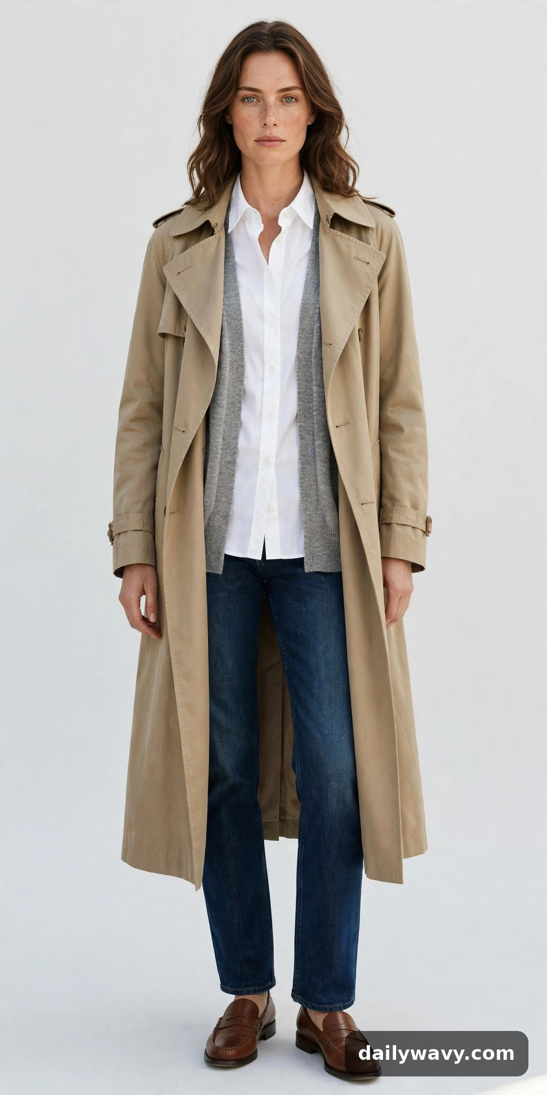 White cotton shirt, gray cardigan and dark denim styled with a trench coat