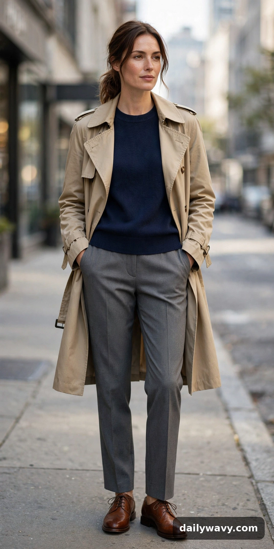 Navy crewneck sweater, gray tailored pants and lace-up shoes styled with a trench coat