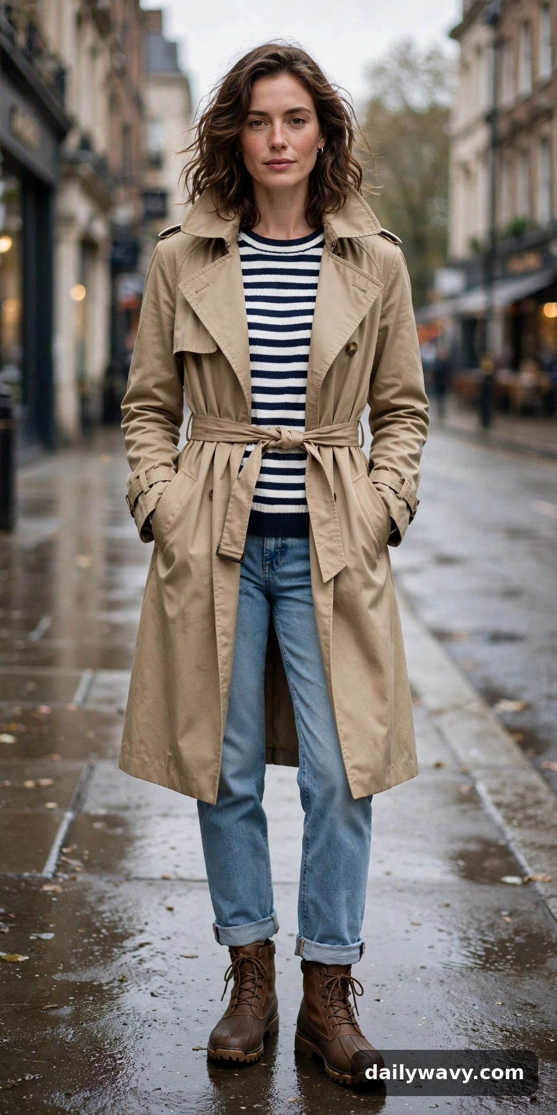 Navy striped knit, light-wash jeans and weather-ready boots styled with a trench coat