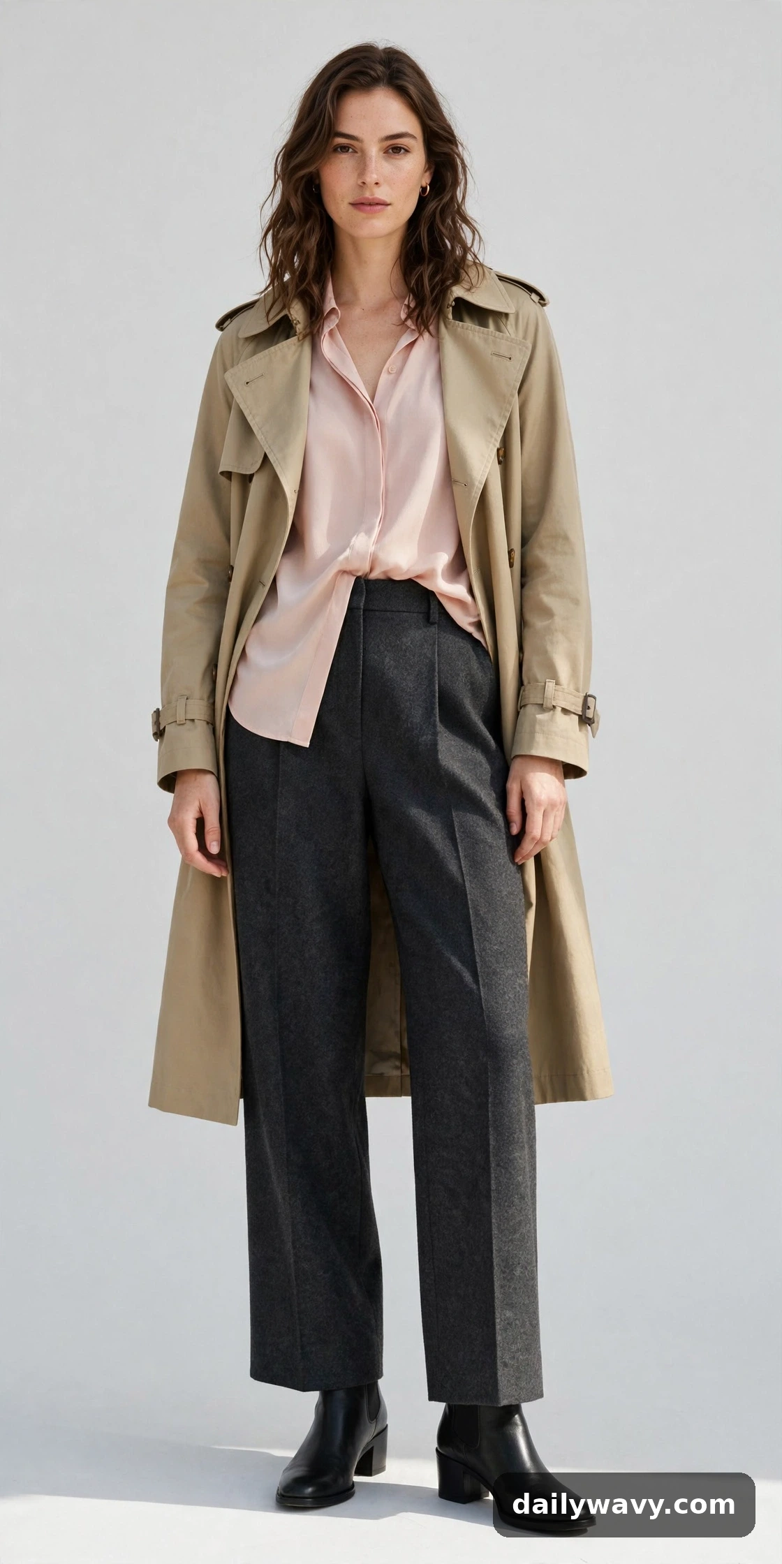 Blush soft blouse, charcoal wool trousers and low boots styled with a trench coat