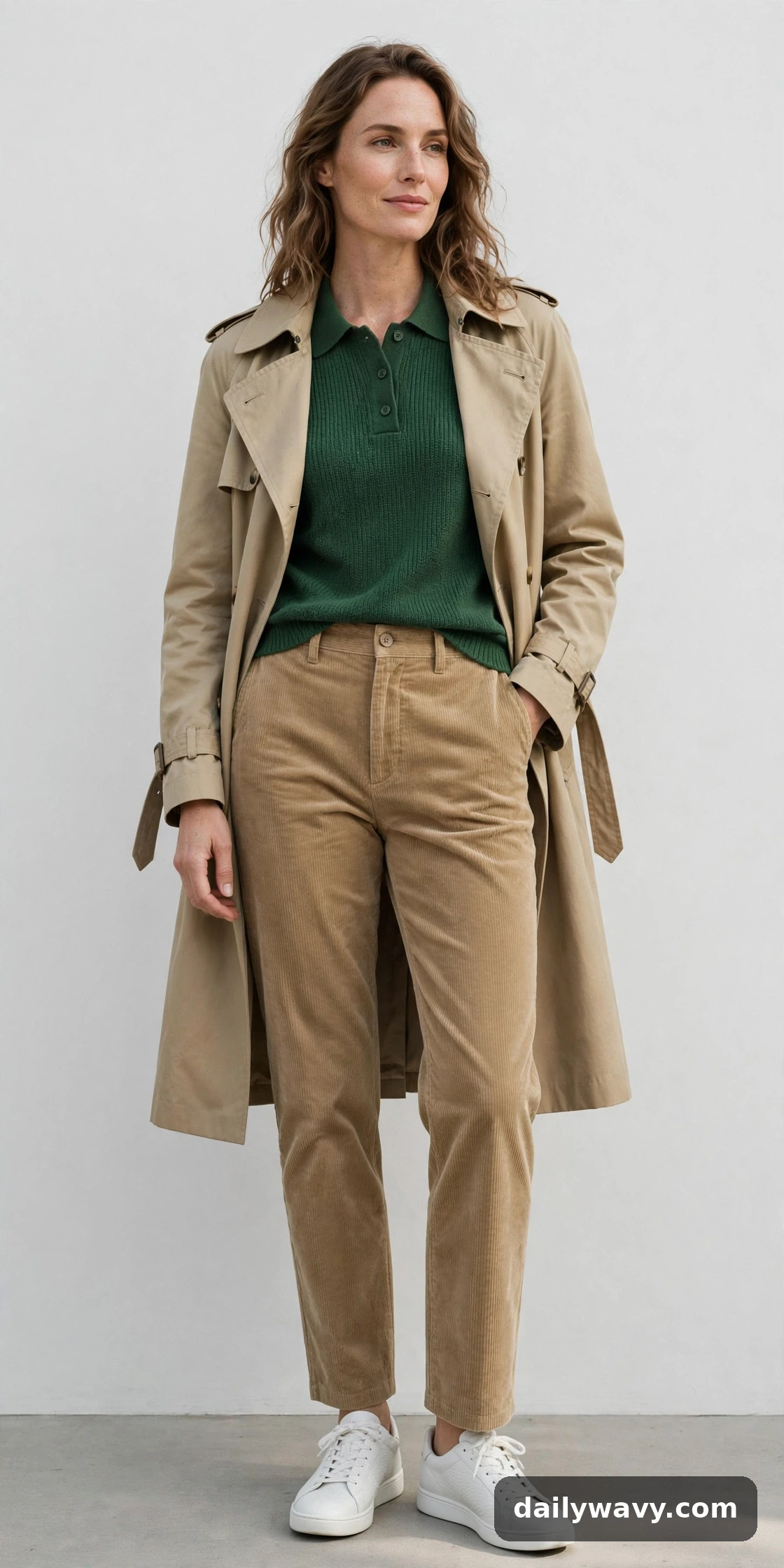 Forest-green knit polo, tan corduroy trousers and white sneakers styled with a trench coat