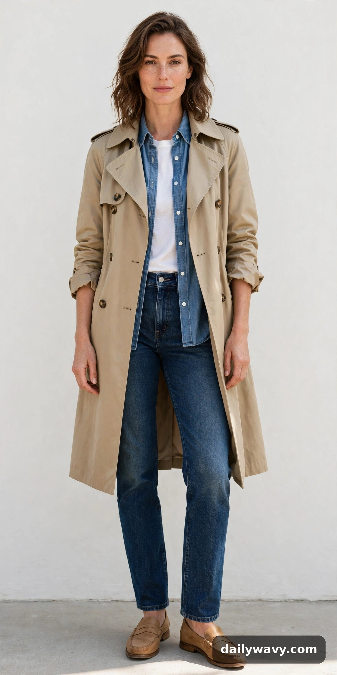 Chambray shirt layered over a white tee with dark jeans and loafers styled with a trench coat