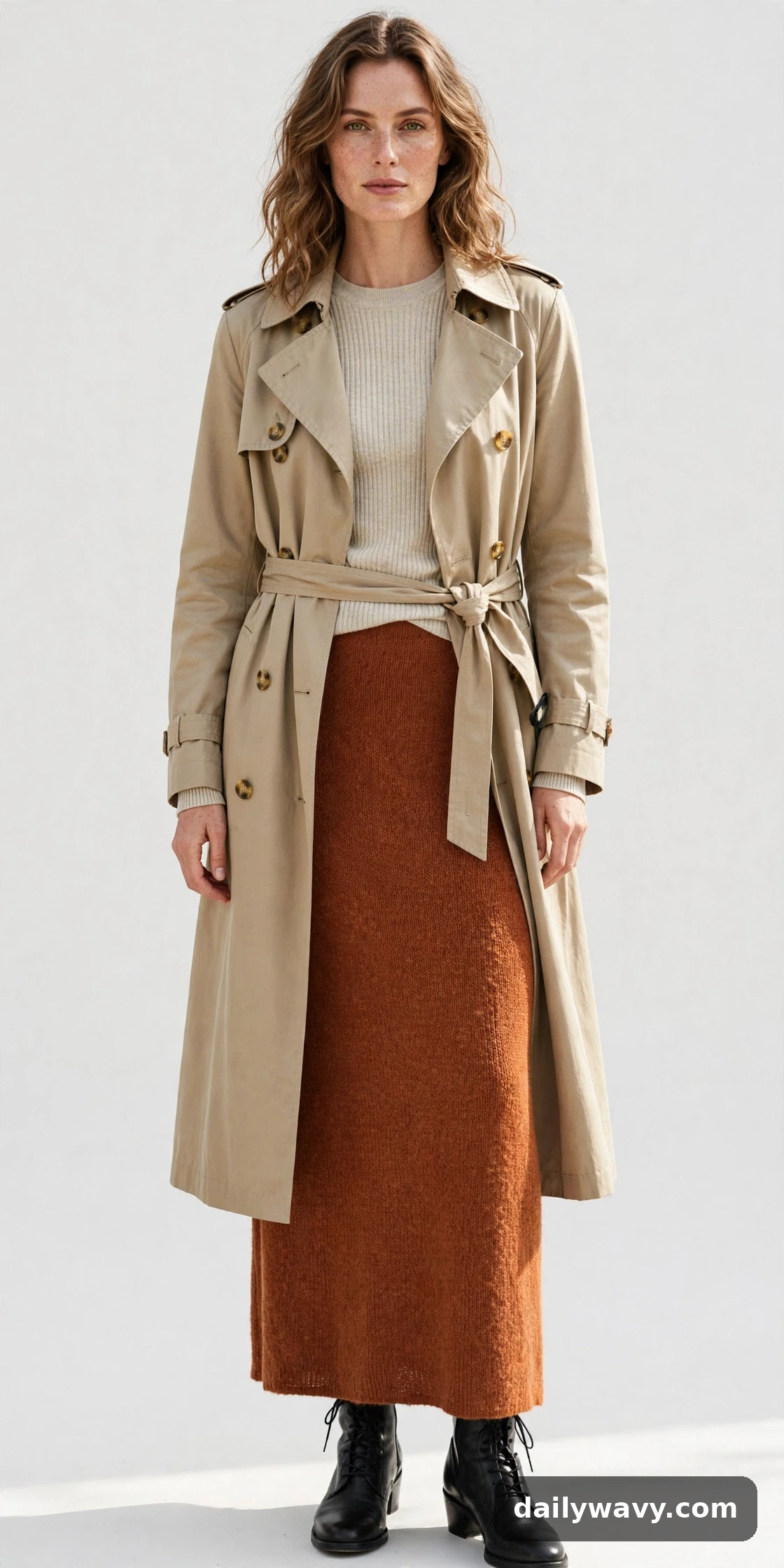 Oatmeal ribbed knit, rust maxi skirt and black ankle boots styled with a trench coat