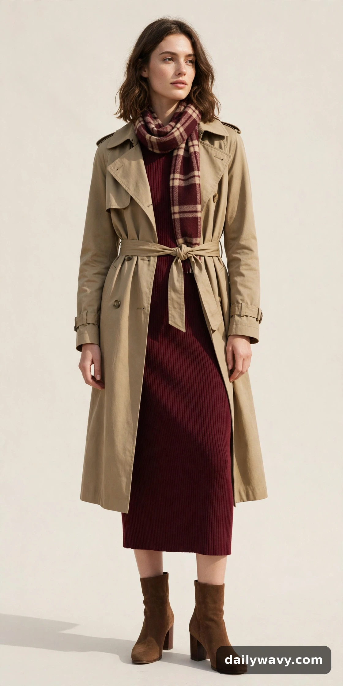 Burgundy knit dress, plaid scarf and block-heel boots styled with a trench coat