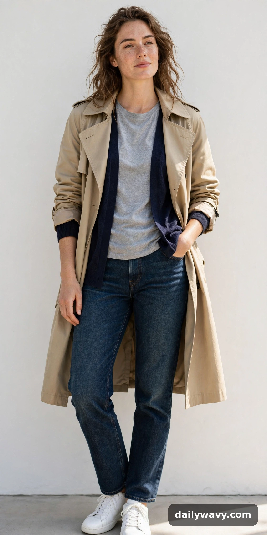 Gray soft tee, navy fine cardigan and dark denim styled with a trench coat