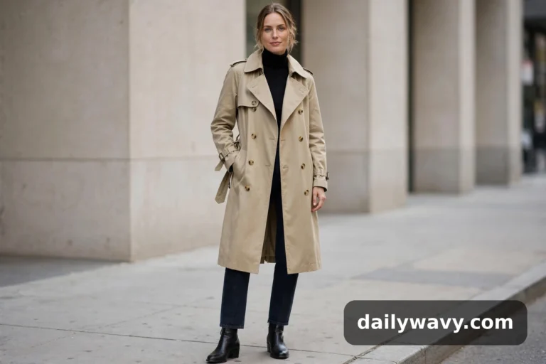 Woman in a classic double-breasted khaki trench coat, black turtleneck, dark jeans and black ankle boots